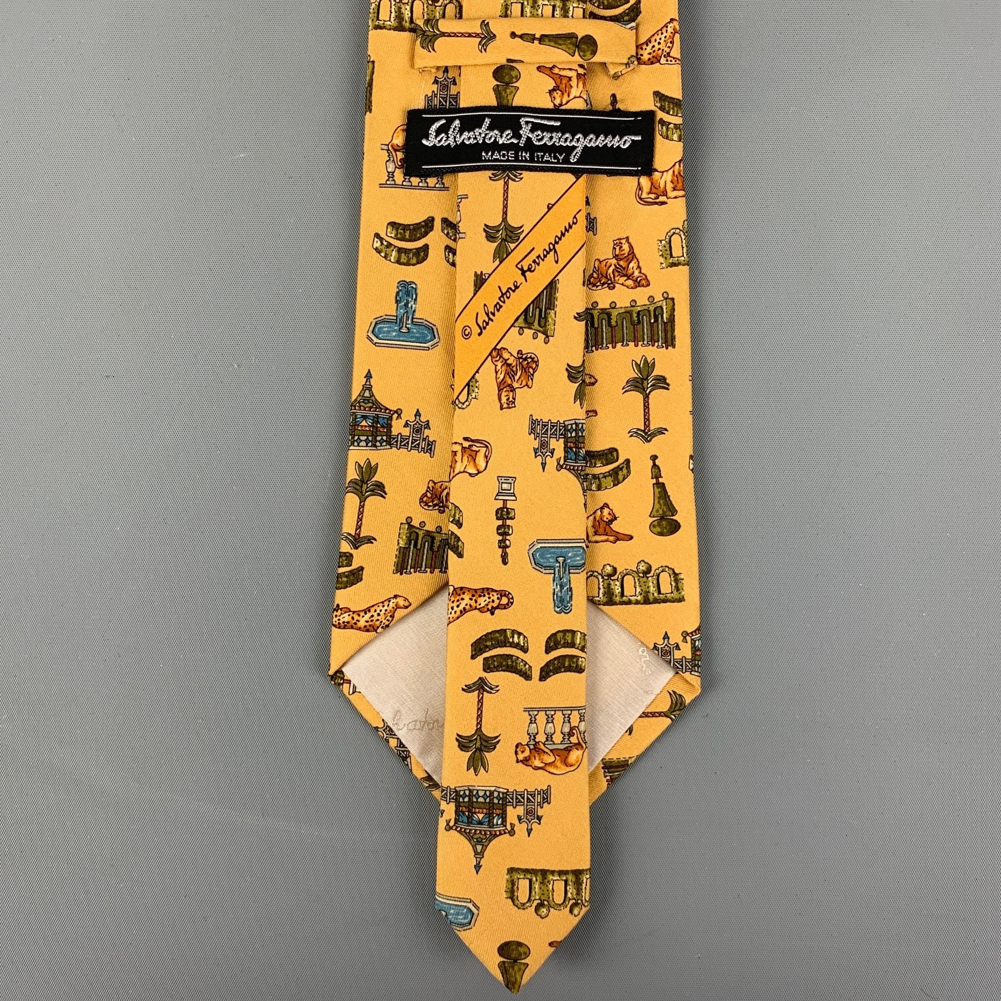 Men's SALVATORE FERRAGAMO Yellow Multicolour Tapestry Silk Tie For Sale
