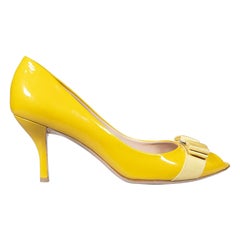 Used Salvatore Ferragamo Yellow Patent Bow Detail Heels Size US 8.5