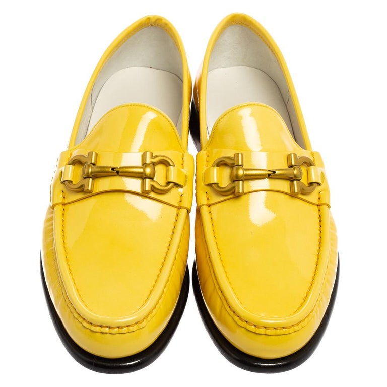 Salvatore Ferragamo Yellow Patent Leather Gancini Loafers Size 38.5 at