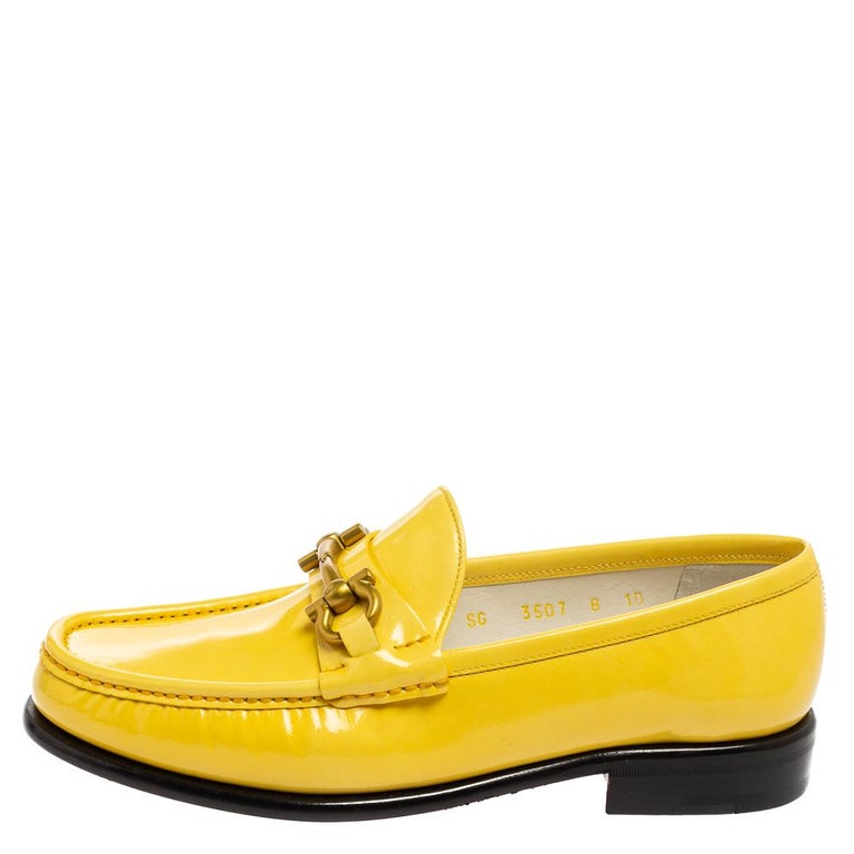 Salvatore Ferragamo Yellow Patent Leather Gancini Loafers Size 38.5 For