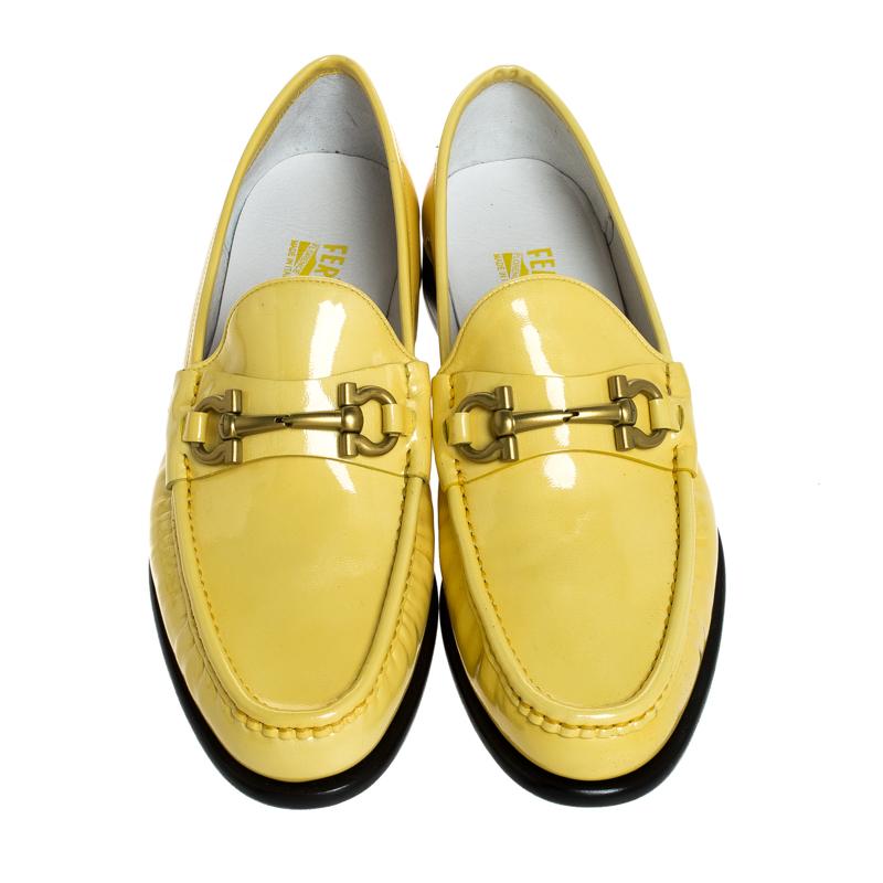 Salvatore Ferragamo Yellow Patent Leather Mason Loafers Size 44 In New Condition In Dubai, Al Qouz 2
