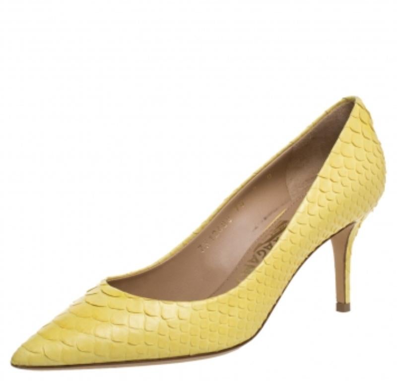 Salvatore Ferragamo Yellow Python Susi Pointed Toe Pumps Size 37.5 For Sale 2