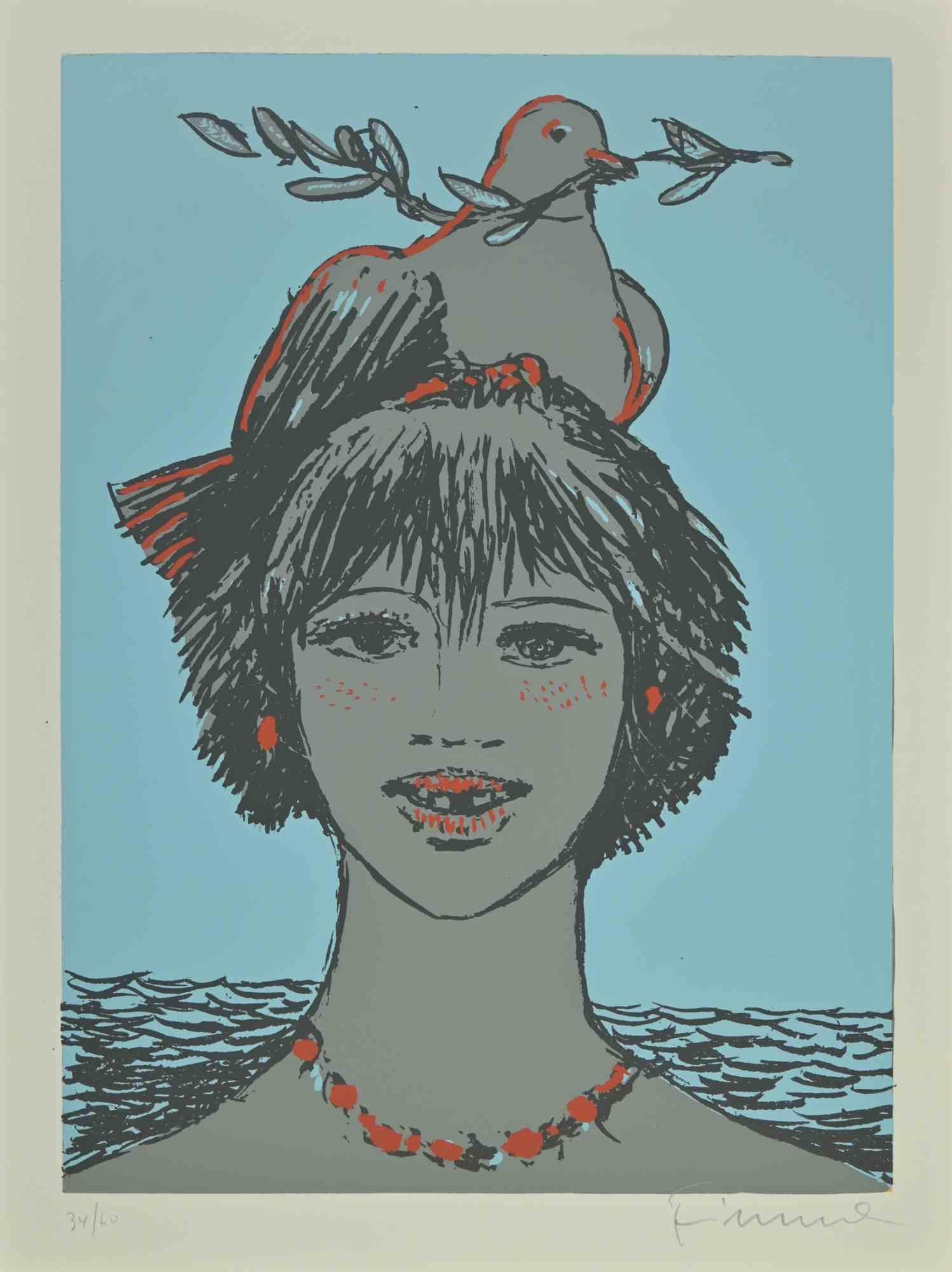 Retrato con paloma  - Serigrafía de Salvatore Fiume - 1970