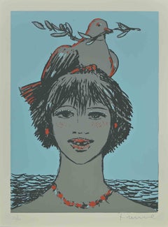 Porträt mit Taube - Siebdruck von Salvatore Fiume - 1970
