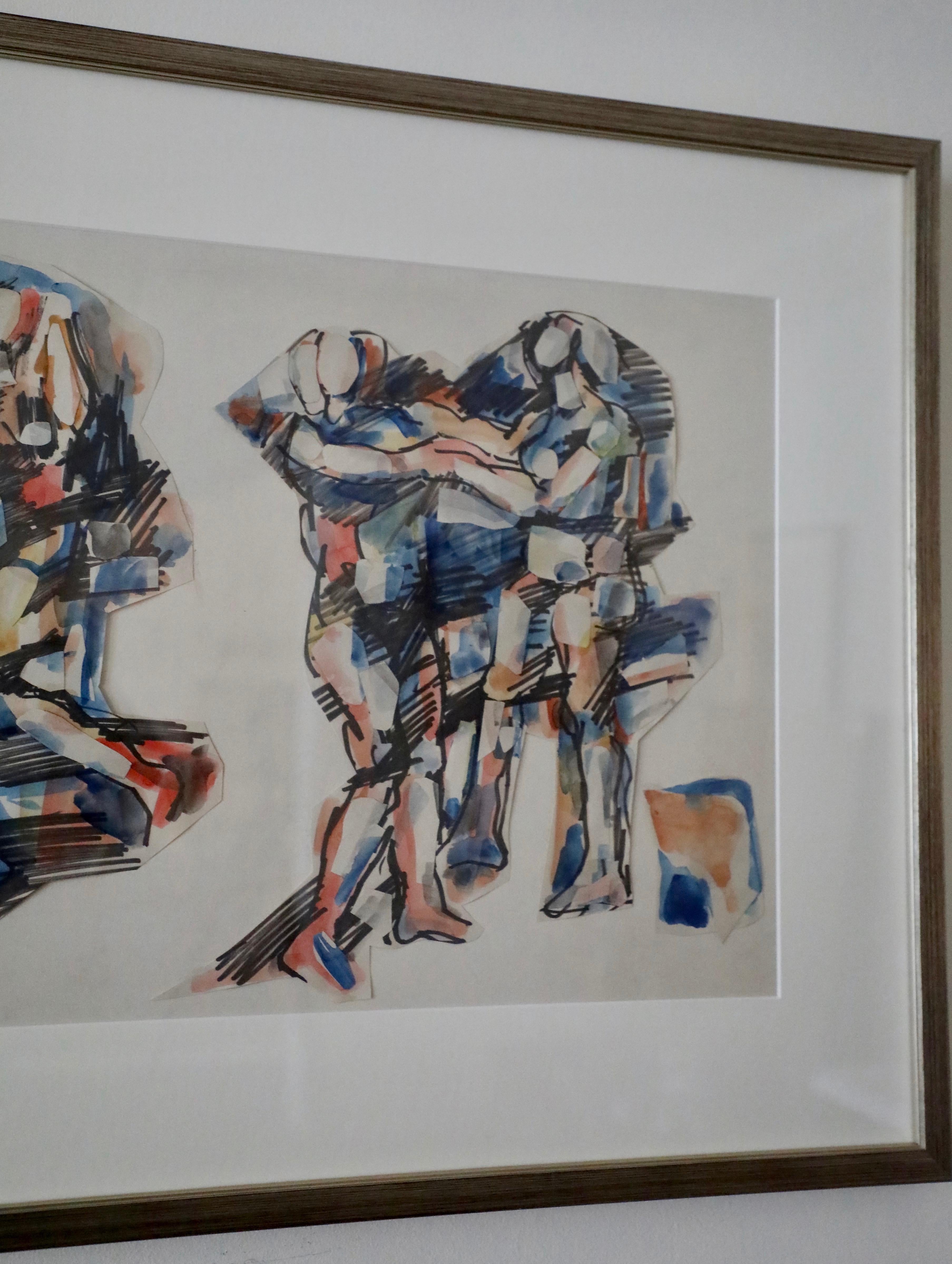 Salvatore Grippi, Figurative Ink and Watercolor Collage on Paper For Sale 1