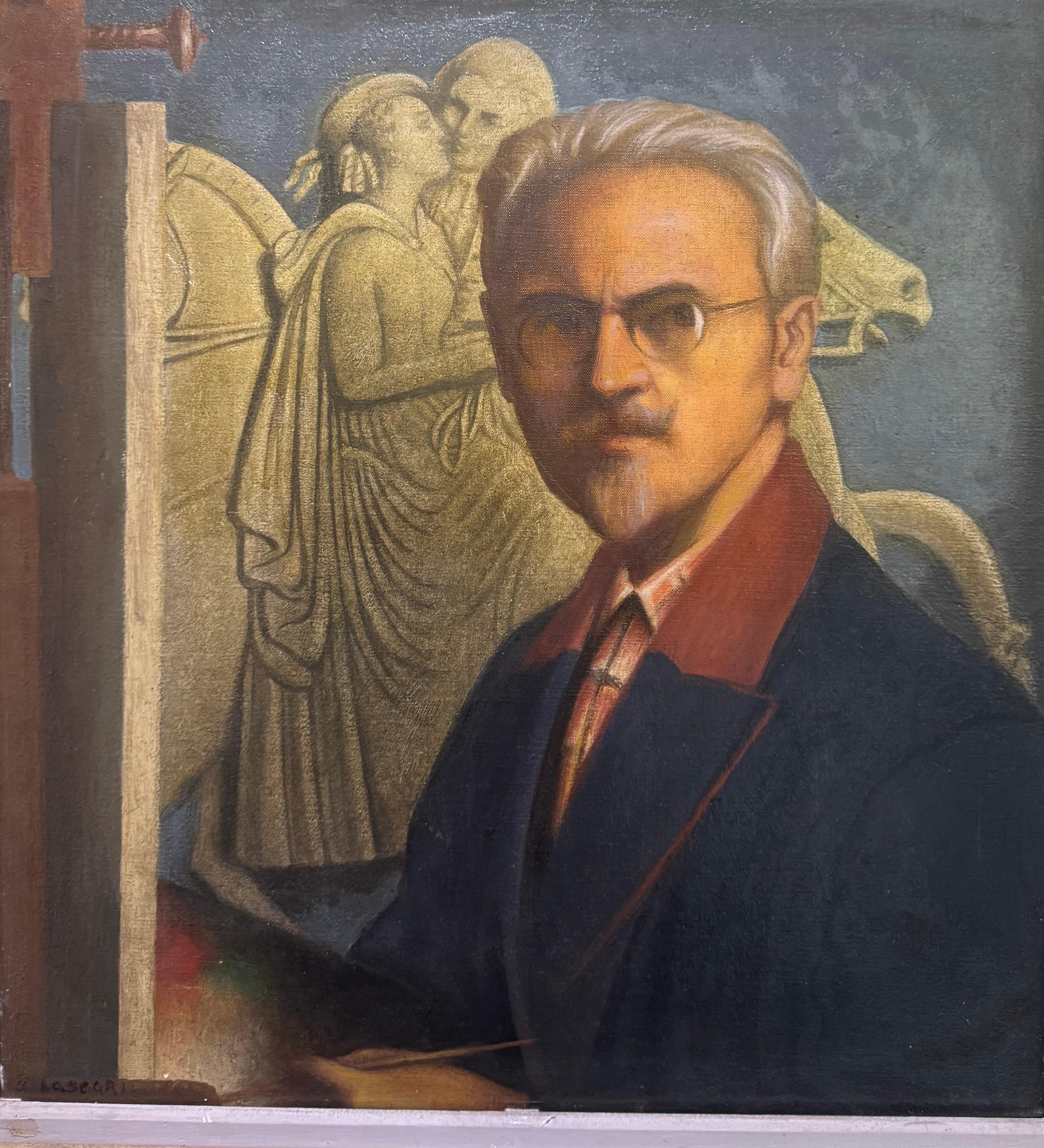 Amerikanischer Realist SELF PORTRAIT Gemälde Whitney Museum Smithonian (Grau), Abstract Painting, von Salvatore Lascari