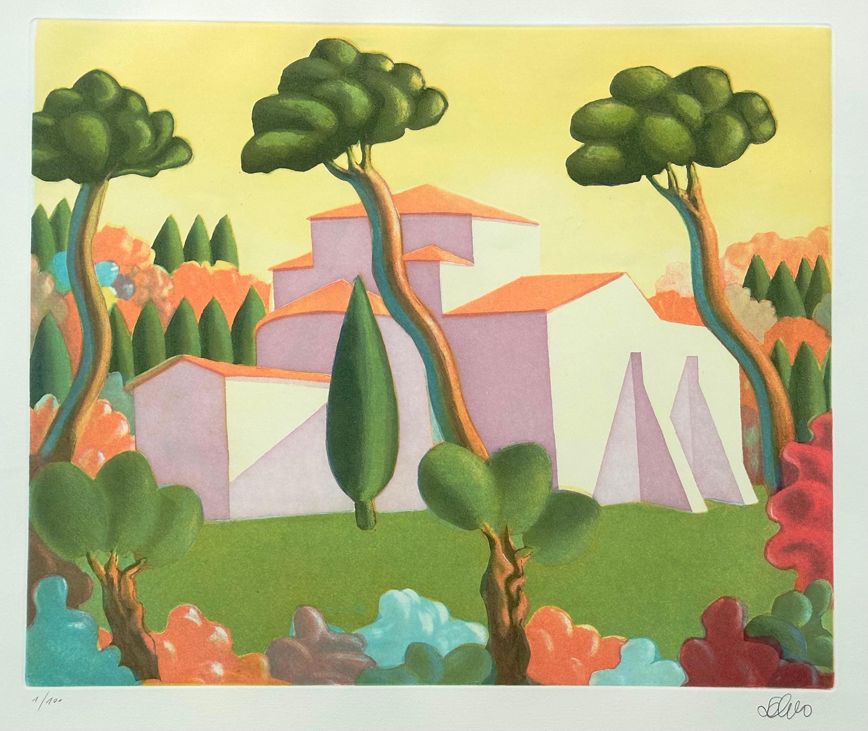 SALVO, Paisaje,  Aguatinta en color