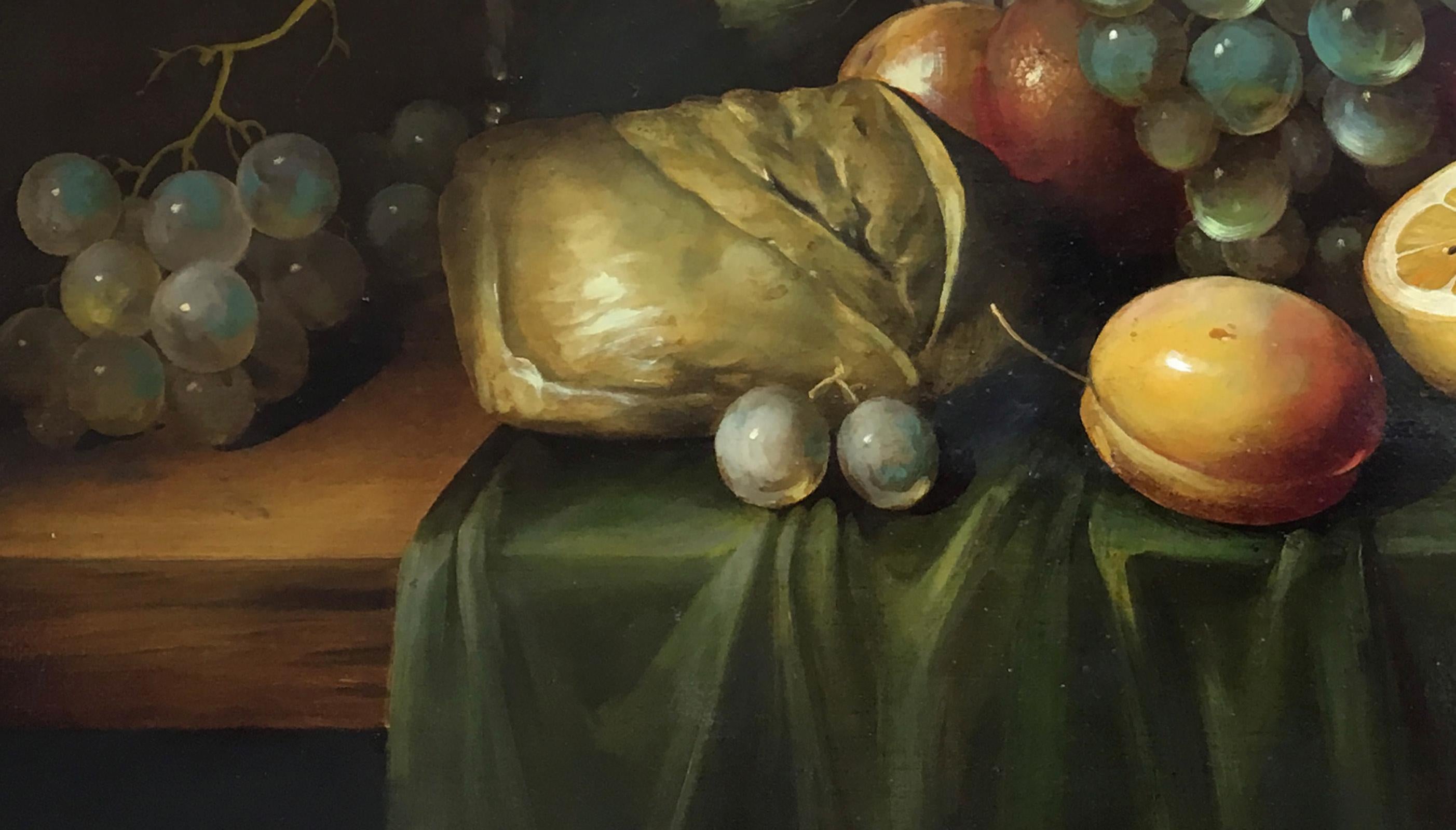 STILL LIFE - Oil on canvas cm.65x75 by Salvatore Marinelli, Italy 2009
A still life with a glass chalice, a finely decorated porcelain plate, grapes, lemons, peaches, prigne, apples, all placed on a wooden table partially covered by a green