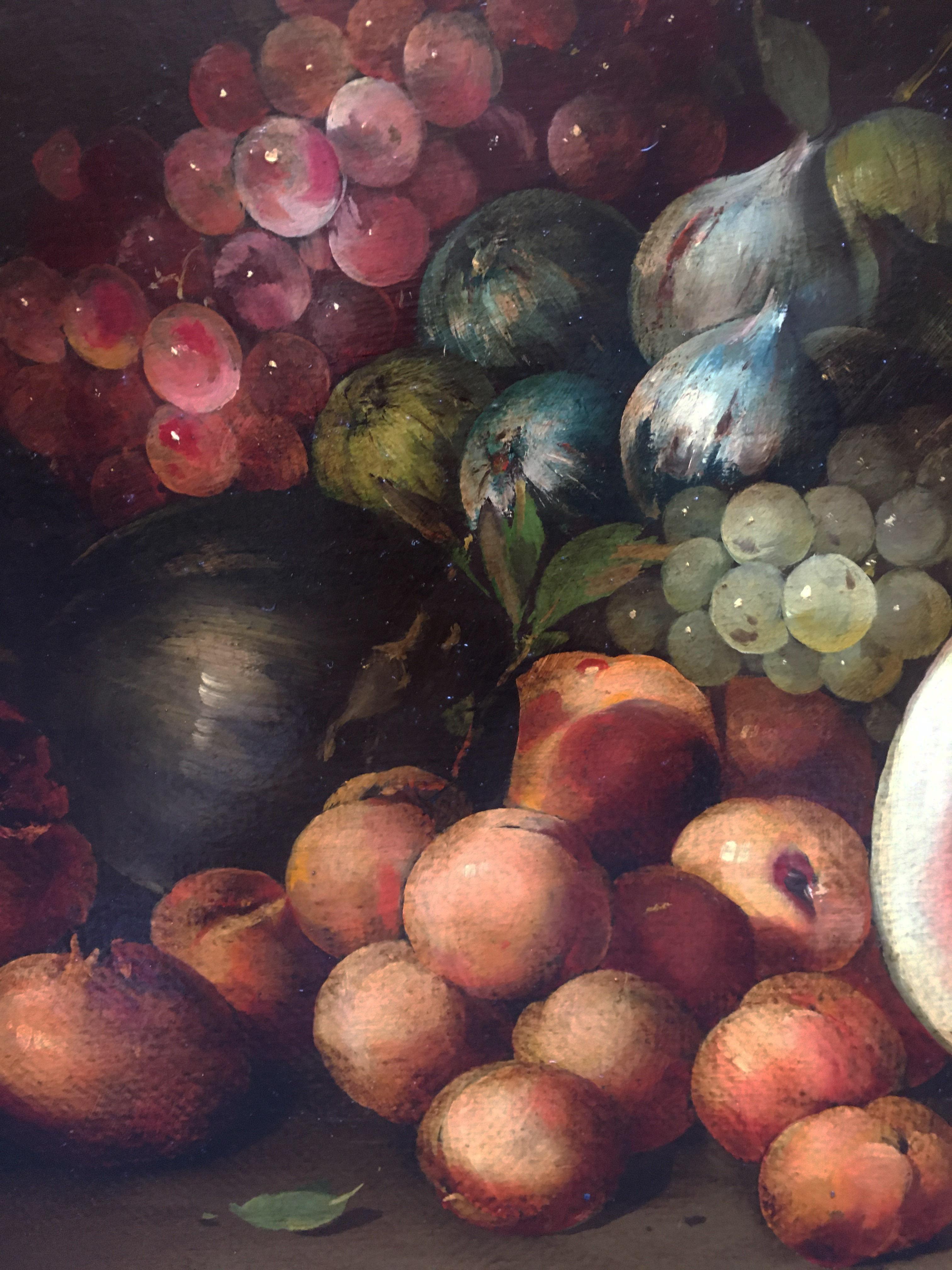 Naturaleza muerta - Salvatore Marinelli Italia 2007 - Óleo sobre lienzo cm. 50x100
El cuadro de Salvatore Marinelli es un bodegón con uvas en blanco y negro, melocotones, melón, una cesta de granadas e higos. Los objetos y la luz se estudian