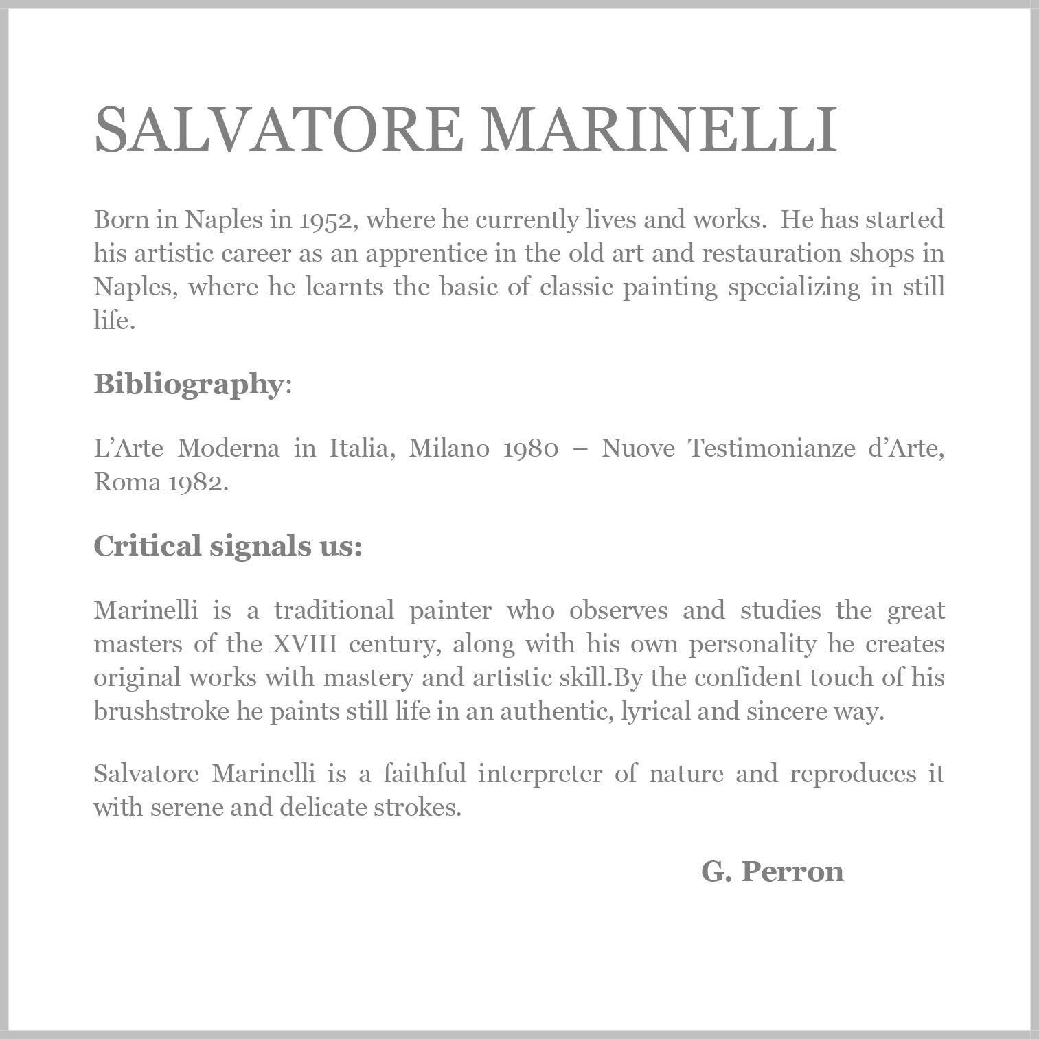 Still life - Salvatore Marinelli Italia 2011 - Oil on canvas cm. 80x120.

in this precious oil on canvas, Salvatore Marinelli is inspired by the paintings of the Neapolitan school of the seventeenth century which had as one of the greatest exponents
