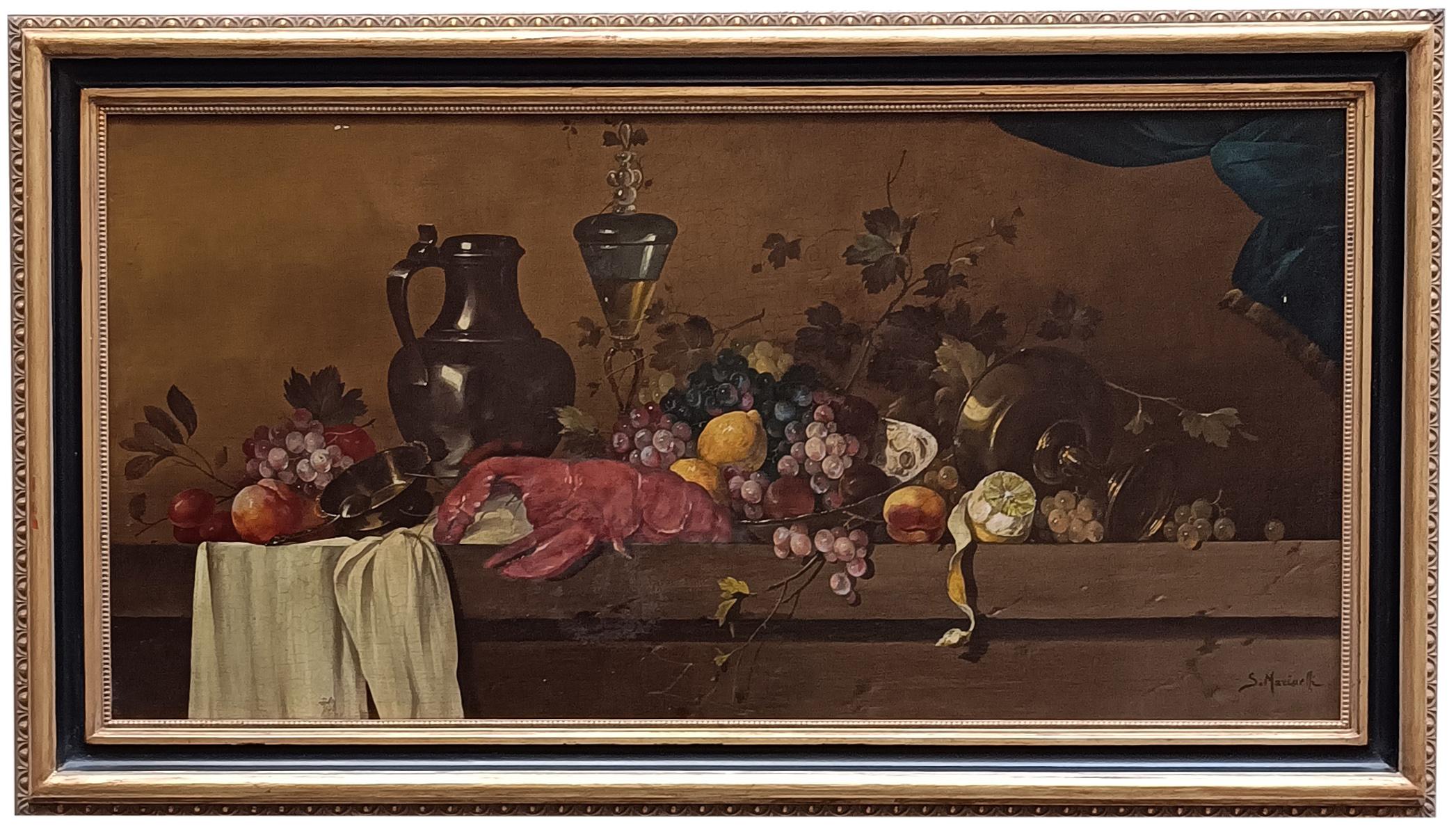 Naturaleza muerta - Salvatore Marinelli Italia 2008 - Óleo sobre lienzo cm. 60x120
El lienzo de Salvatore Marinelli es un cuadro inspirado en Abraham van Beyeren pintor holandés, de la época barroca, uno de los más grandes pintores de bodegones. En