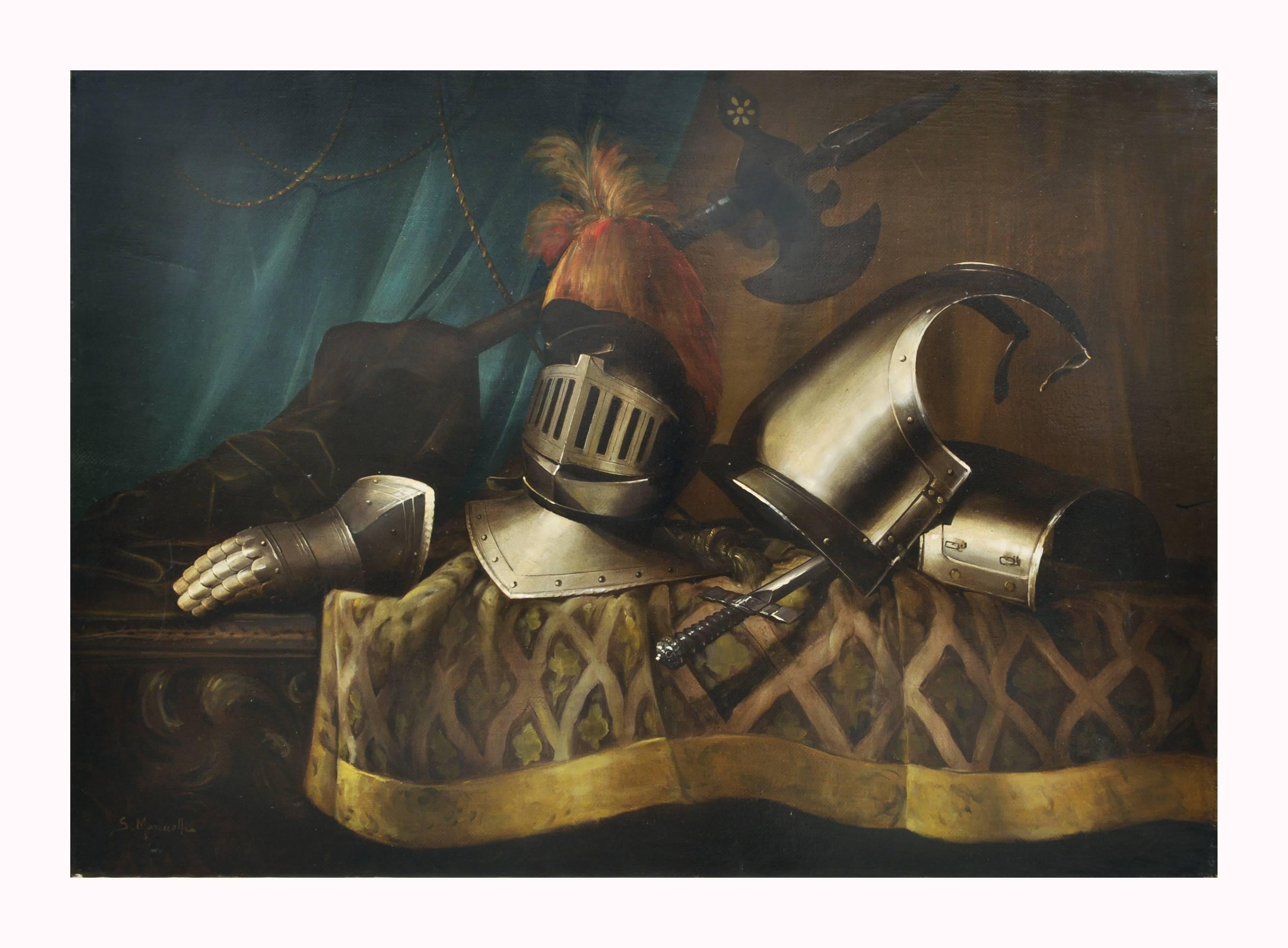 Peinture à l'huile sur toile italienne « STILL LIFE WITH ARMATURE », école française - Painting de Salvatore Marinelli