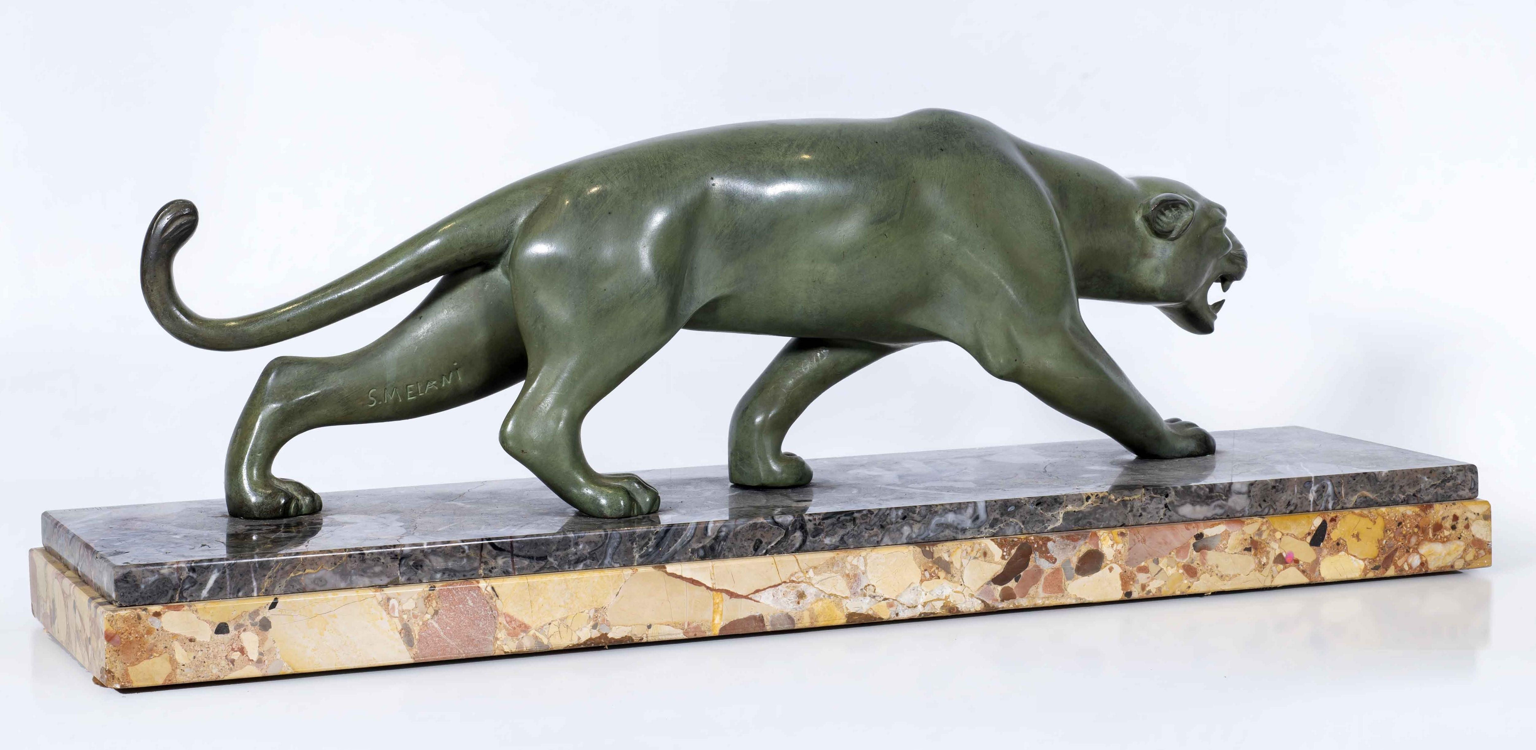 Art Deco Bronze Panther - Gold Figurative Sculpture by Salvatore Melani 