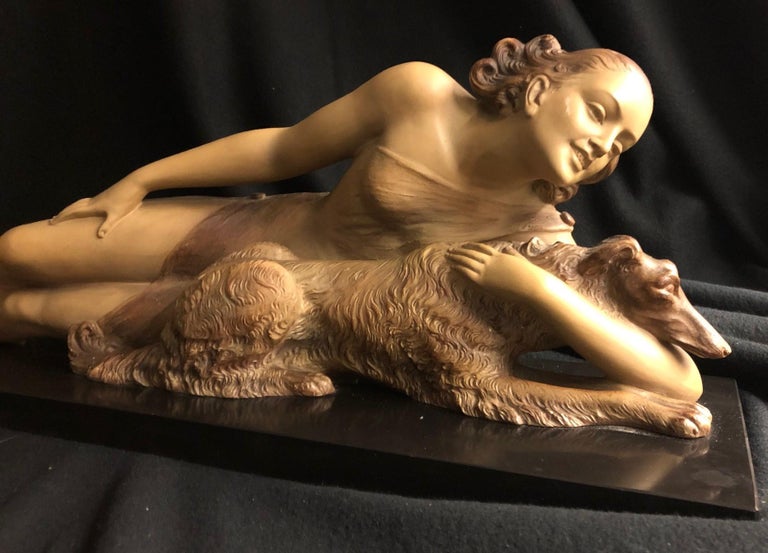 (Title Unknown) Art Deco Woman with Dog, Signed by the Artist. - Black Nude Sculpture by Salvatore Melani 