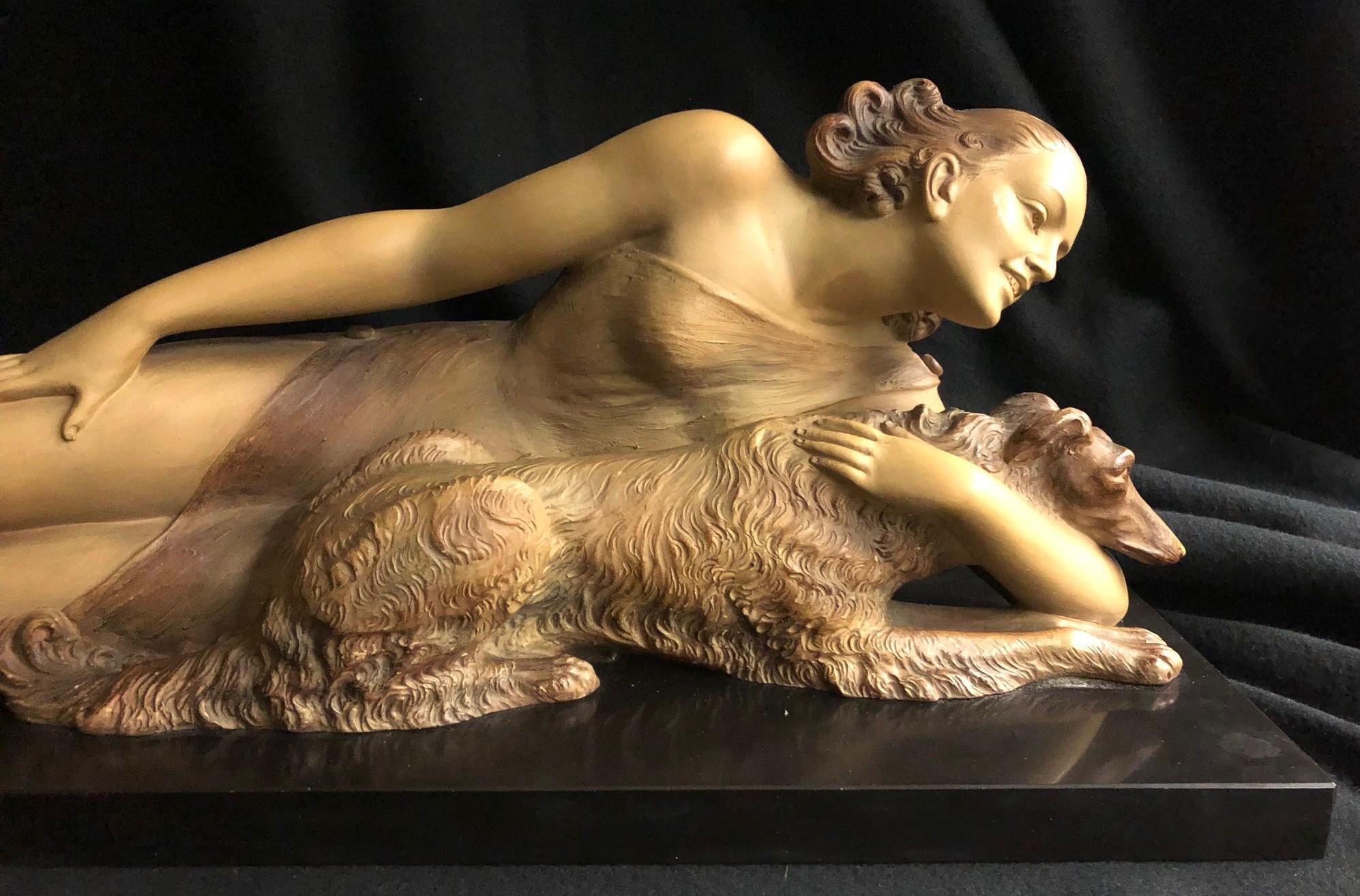 Salvatore Melani  Nude Sculpture - (Title Unknown) Art Deco Woman with Dog, Signed by the Artist.