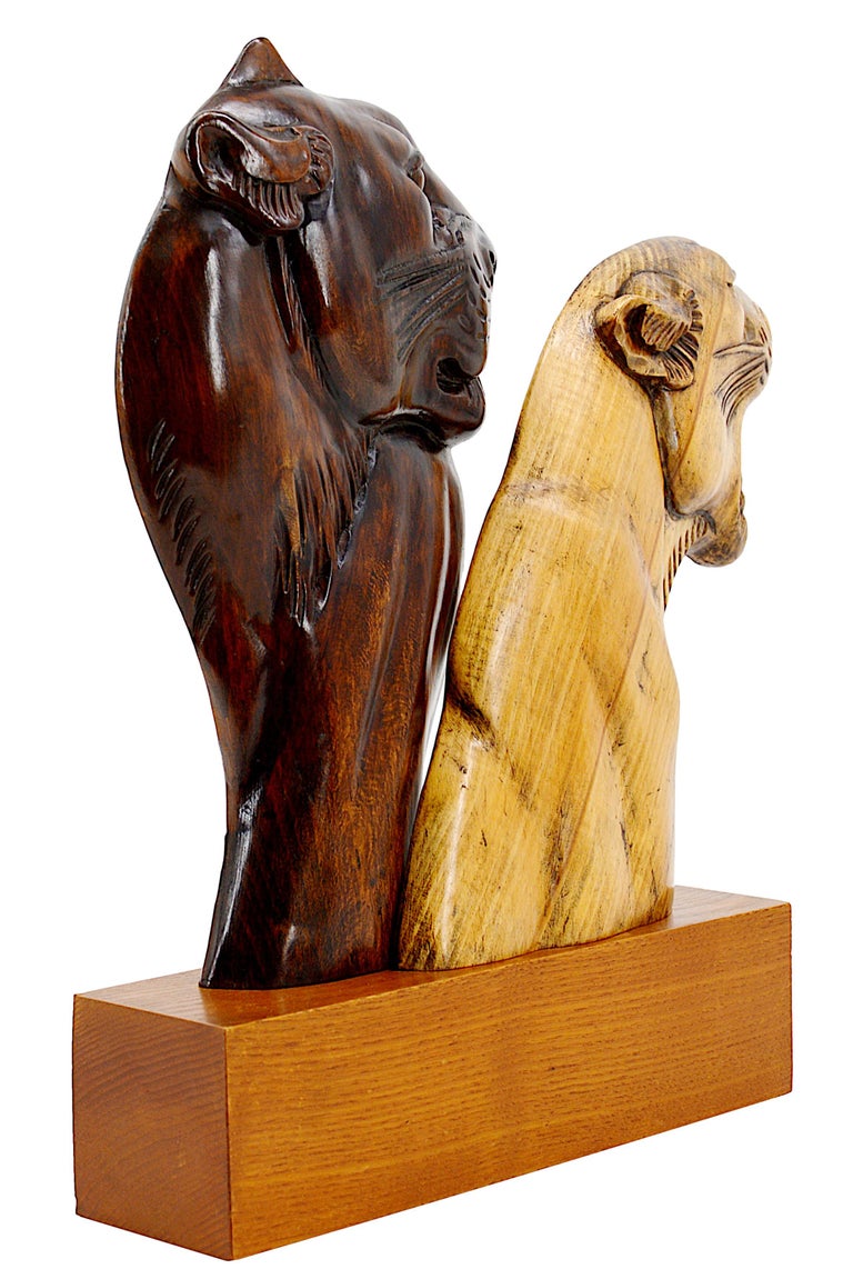 Hand-Carved Salvatore Melani French Art Deco Panthers Sculpture, Early 1930s For Sale