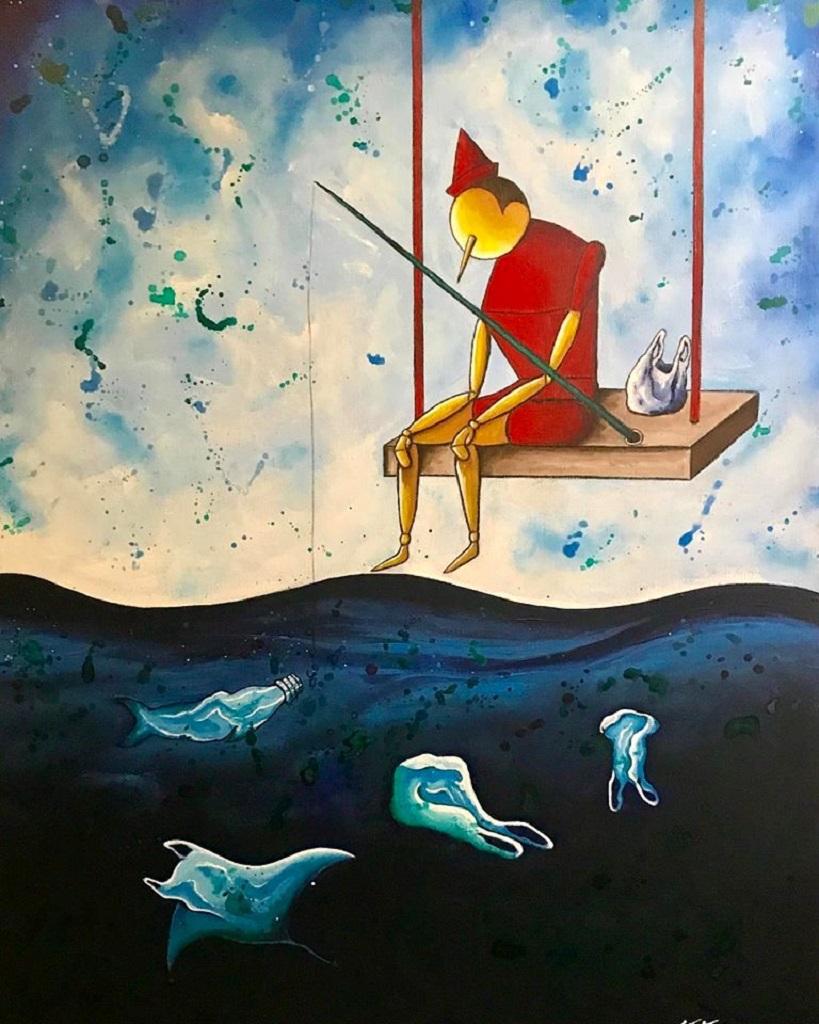 Bajo el mar  es una pintura acrílica original realizada por el artista italiano  Salvatore Petrucino en 2018.

Firmado a mano en la parte inferior derecha. La técnica, las dimensiones y la fecha están escritas en el reverso. Condiciones perfectas.