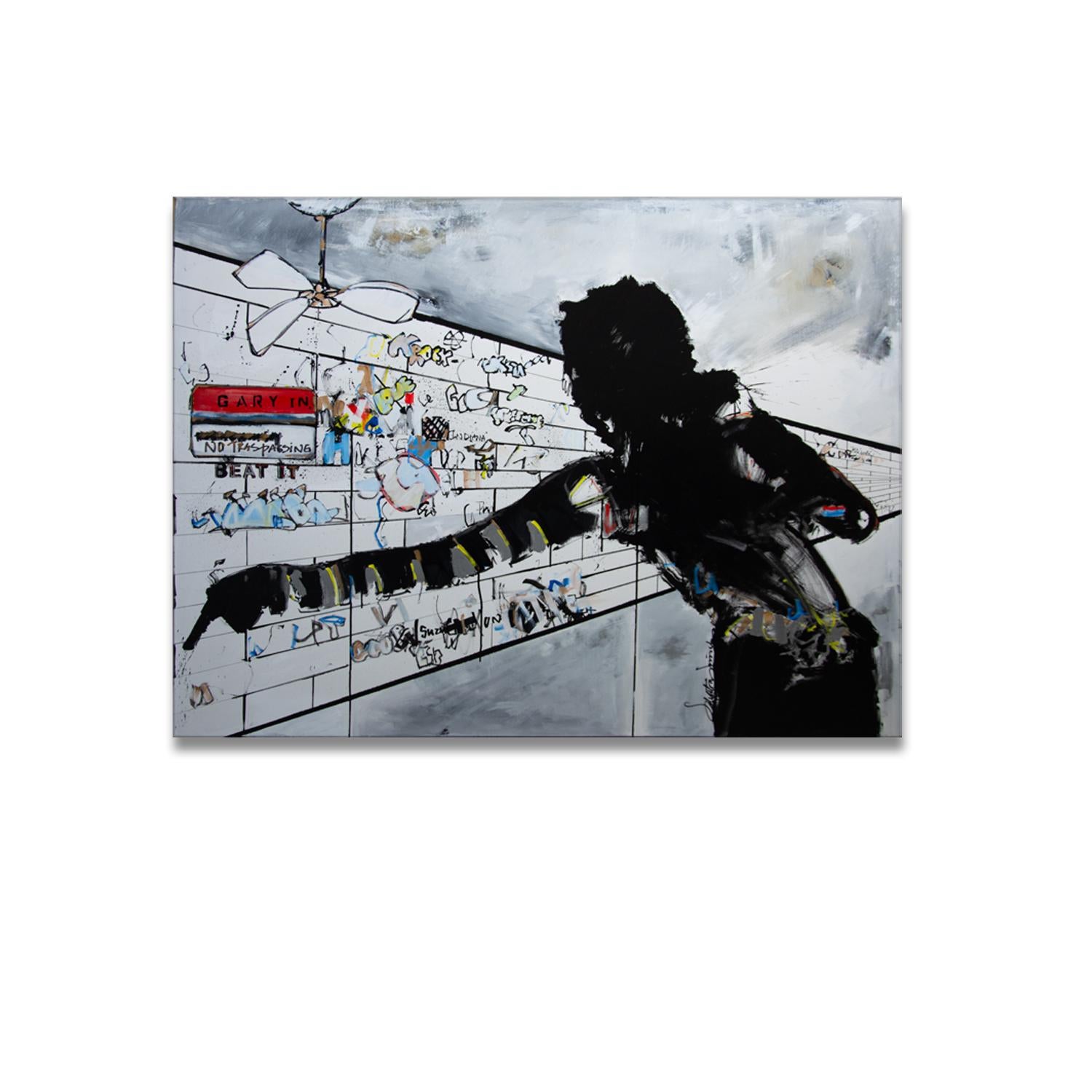 "MJ" original artwork by renowned artist Salvatore Principe, is unmistakably bold and contemporary. The piece features Michael Jackson with the colors black, gray, red, white, and yellow while utilizing a combination of hard lines and soft blending,