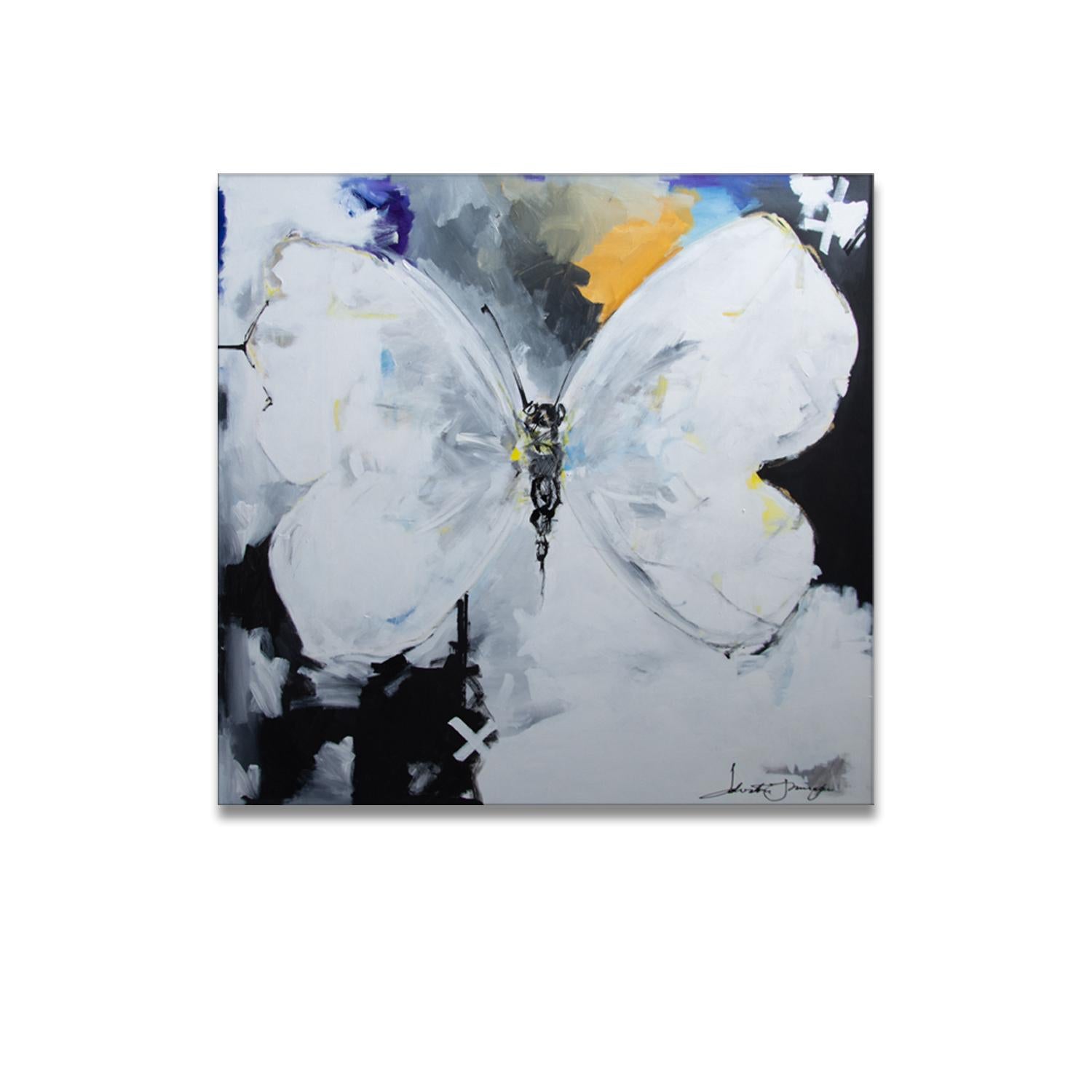 "Purity" original artwork by renowned artist Salvatore Principe, is unmistakably bold and contemporary. The piece features a butterfly with white, black, yellow, and blue while utilizing a combination of hard lines and soft blending, Salvatore's