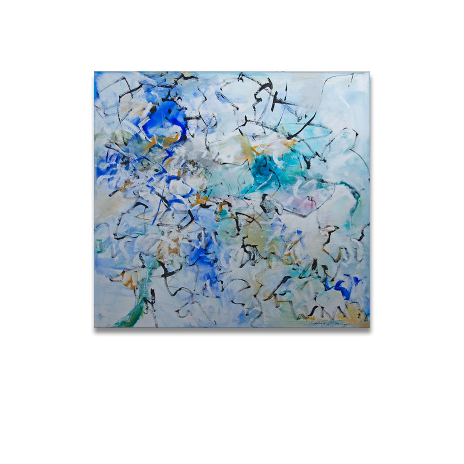 "Untitled I" original artwork by renowned artist Salvatore Principe, is unmistakably bold and contemporary. The abstract piece features the colors blue, purple, yellow, and white while utilizing a combination of hard lines and soft blending,
