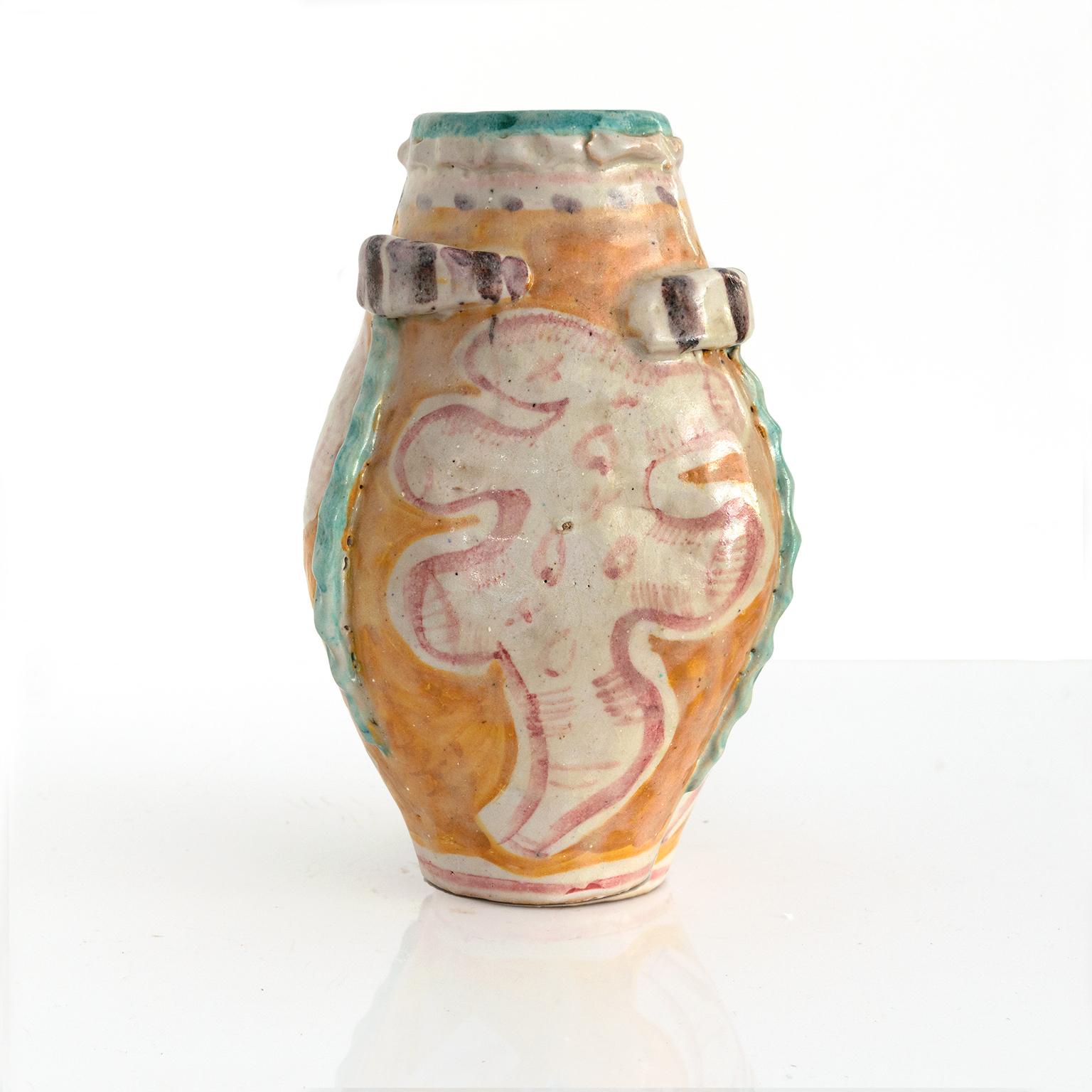 Italian Salvatore Procida Hand Decorated Ceramic Vase, Vietri, Italy Mid-Century Modern For Sale