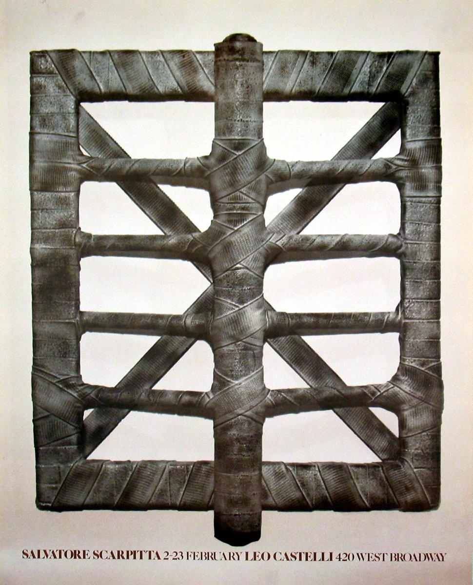 This original exhibition poster was created for Salvatore Scarpitta’s 1980 show at Leo Castelli Gallery. Known for his innovative use of materials, Scarpitta’s work often blurred the boundaries between painting and sculpture. The image on the poster