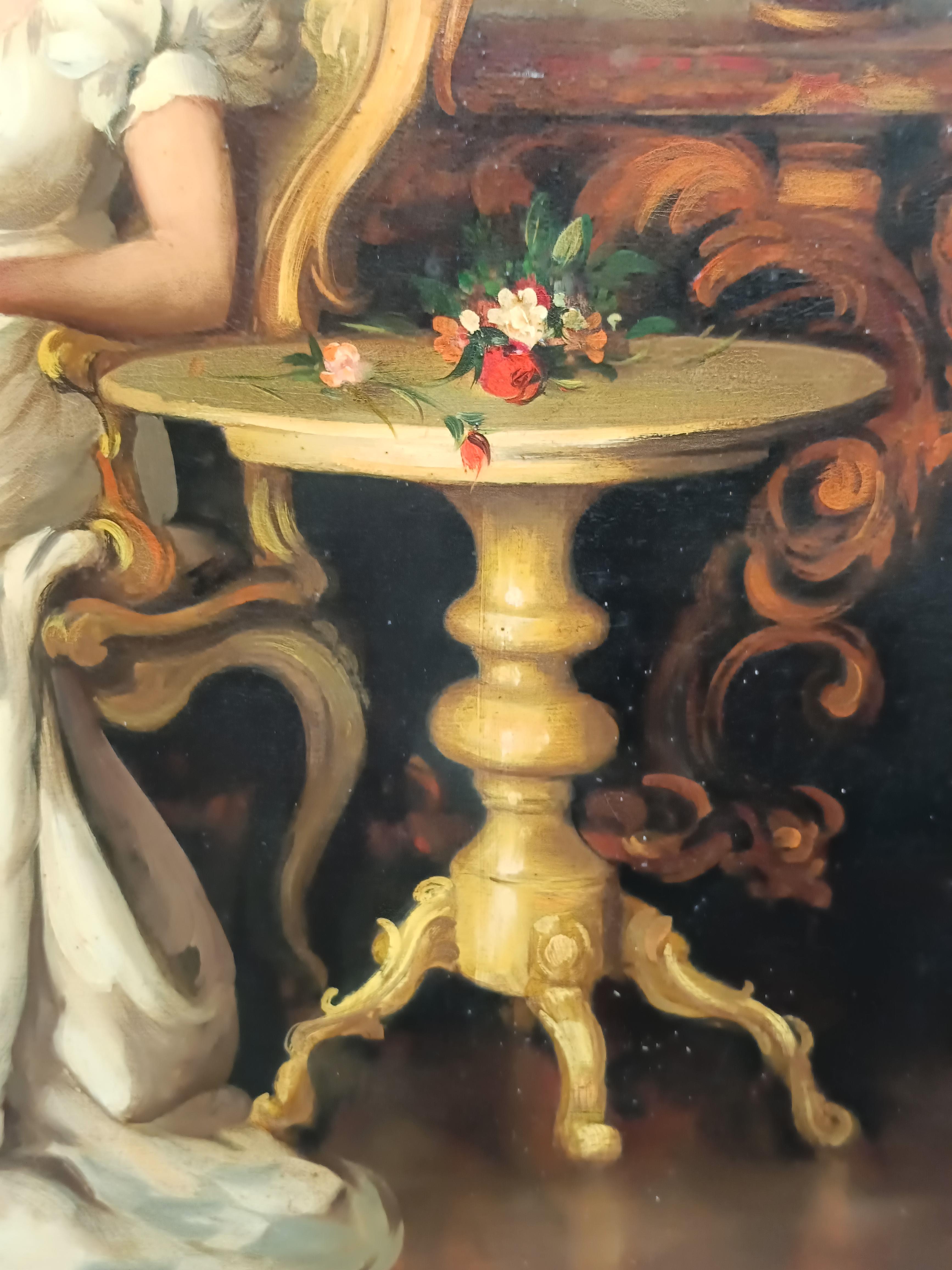 ESCENA ROMÁNTICA - Escuela Francesa - Óleo sobre Lienzo Pintura Figurativa Italiana en venta 5