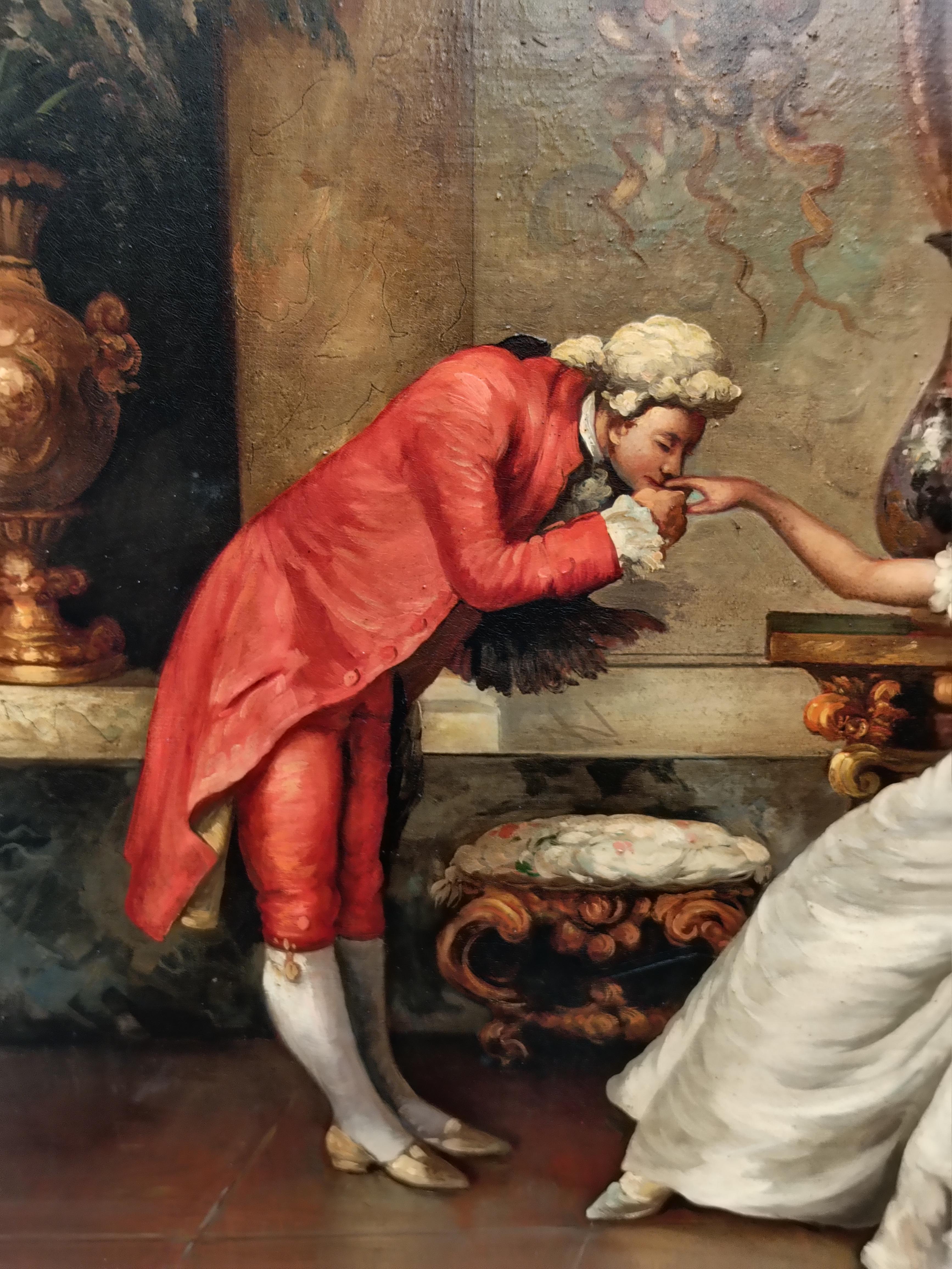 ESCENA ROMÁNTICA - Escuela Francesa - Óleo sobre Lienzo Pintura Figurativa Italiana en venta 6