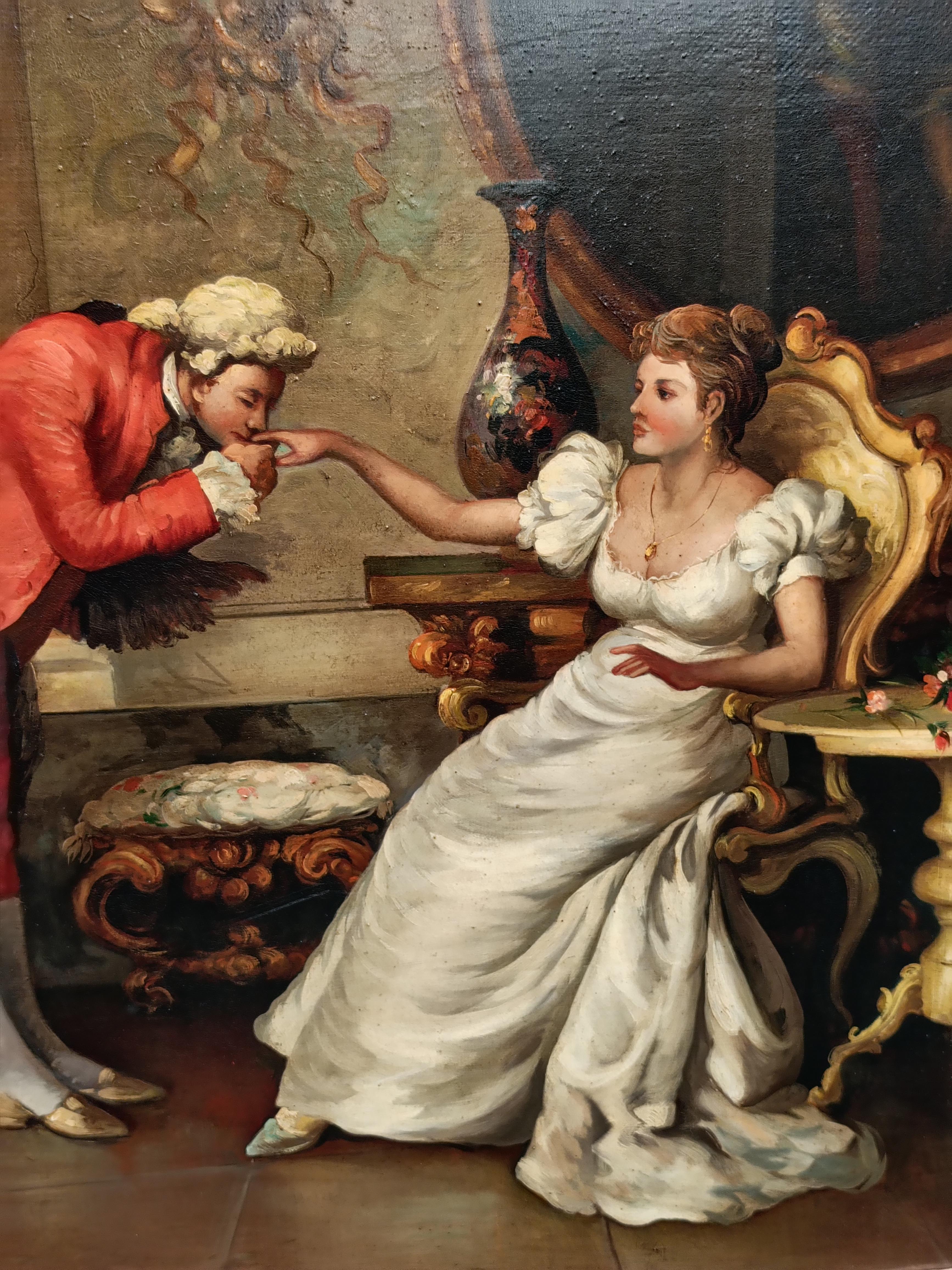 ESCENA ROMÁNTICA - Escuela Francesa - Óleo sobre Lienzo Pintura Figurativa Italiana en venta 7