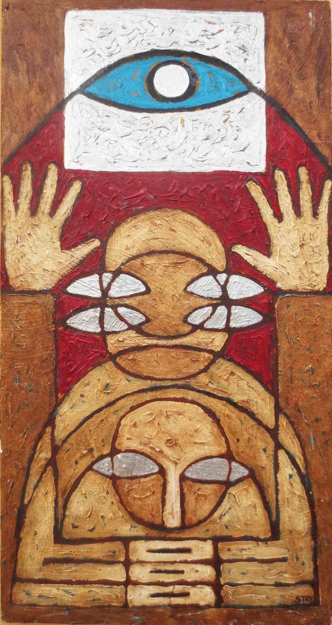 "Senza titolo" è un dipinto a olio su tela montato su una cornice di legno creato dall'artista Salvatore Travascio nel 1991.

 Questo quadro fa parte di una serie di opere in cui la figura umana è stilizzata al massimo. Troviamo giochi a incastro,