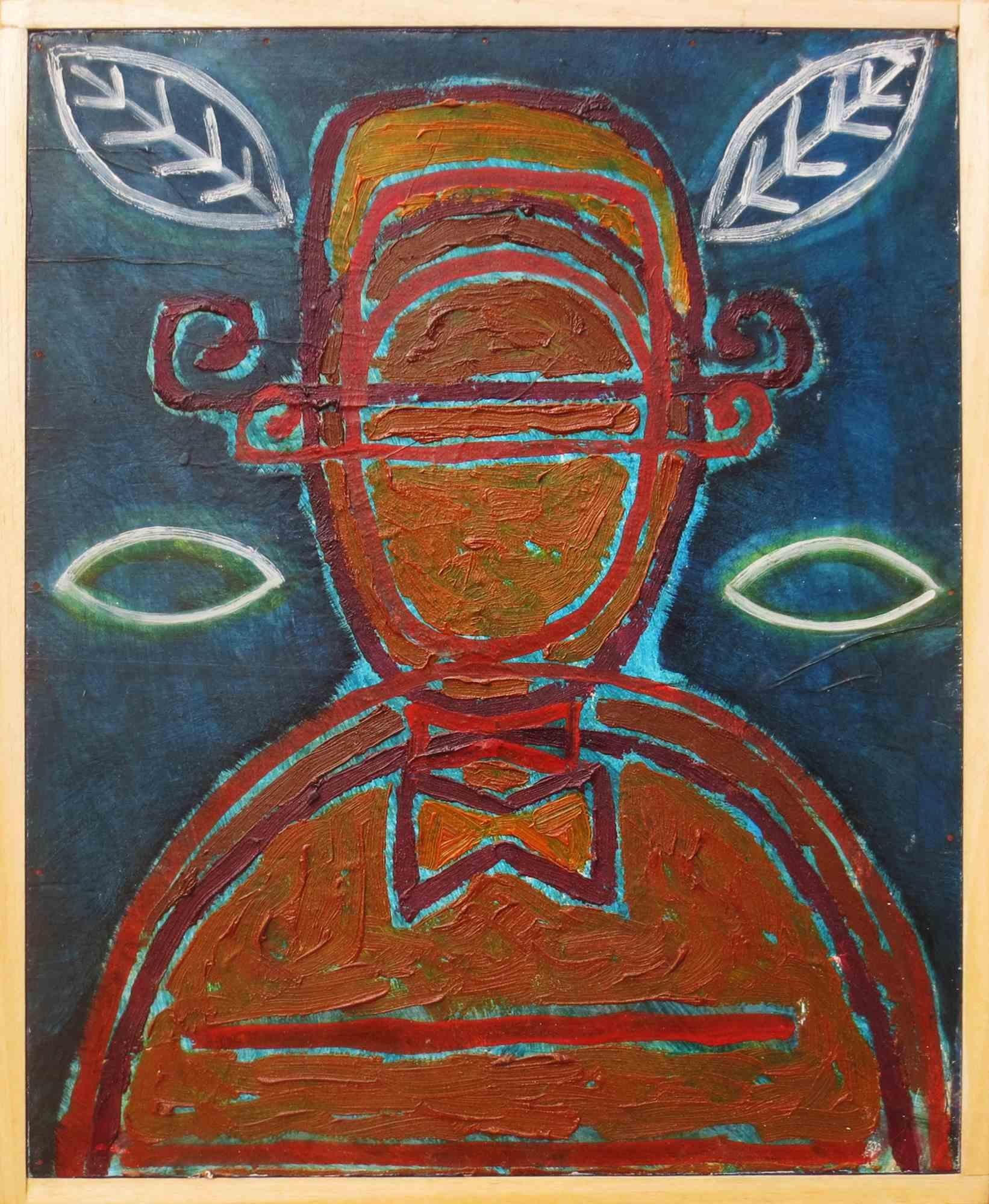 Pintura al óleo sobre madera, enmarcada con varilla de madera. Este cuadro forma parte de una serie de obras en las que la figura humana se representa en su forma más estilizada. Encontramos juegos entrelazados, múltiples figuras que se entrecruzan,