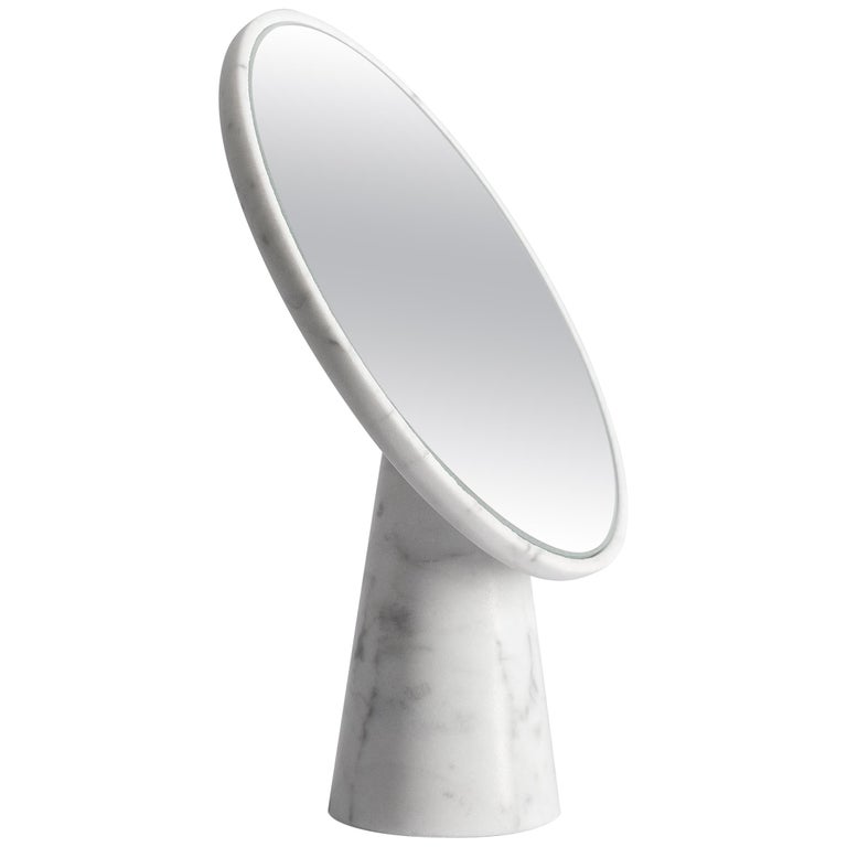 Salvatori Sophie Round Table Mirror In Bianco Carrara Marble And Glass