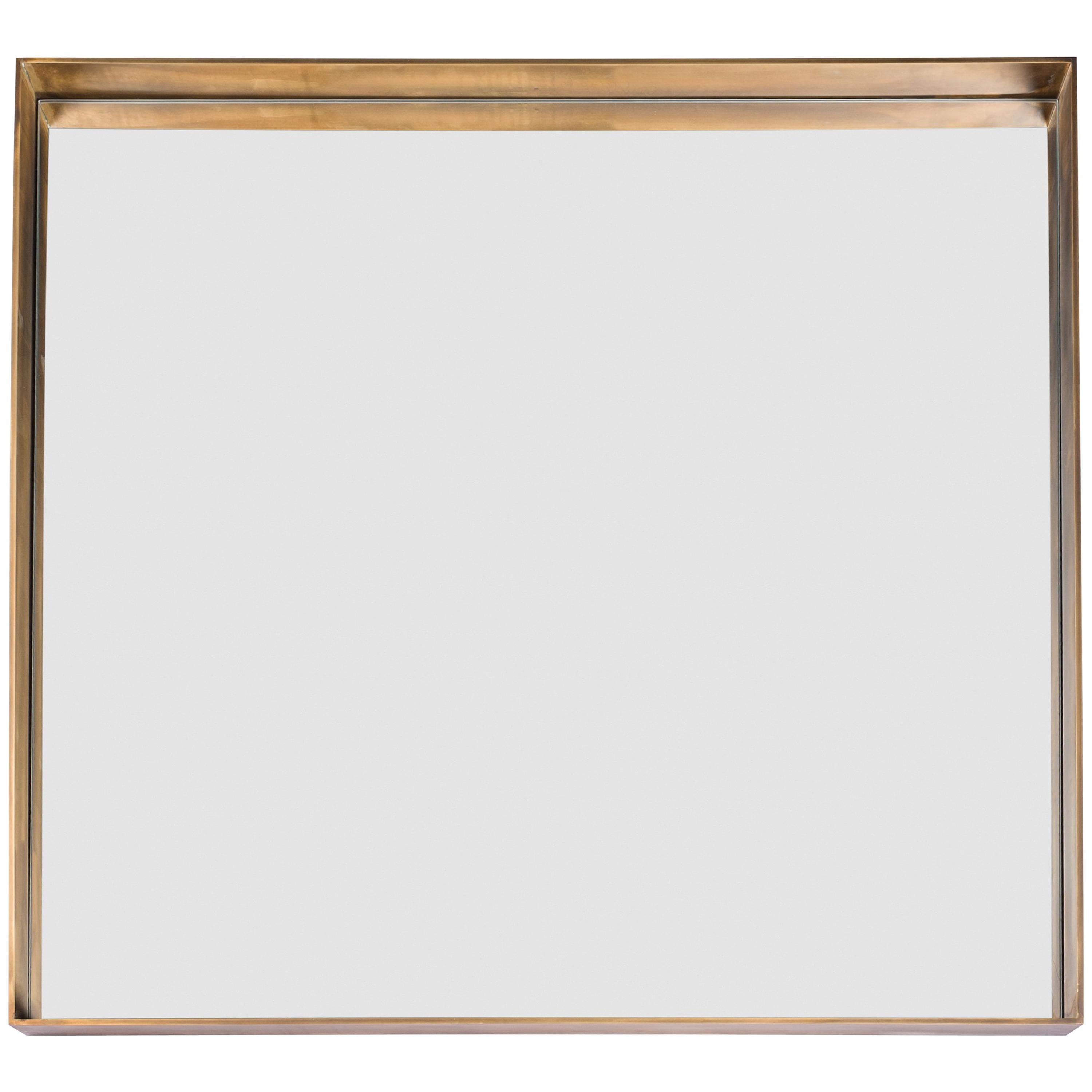 Salvatori Square Quadro Mirror with Deep Frame in Burnished Brass For Sale
