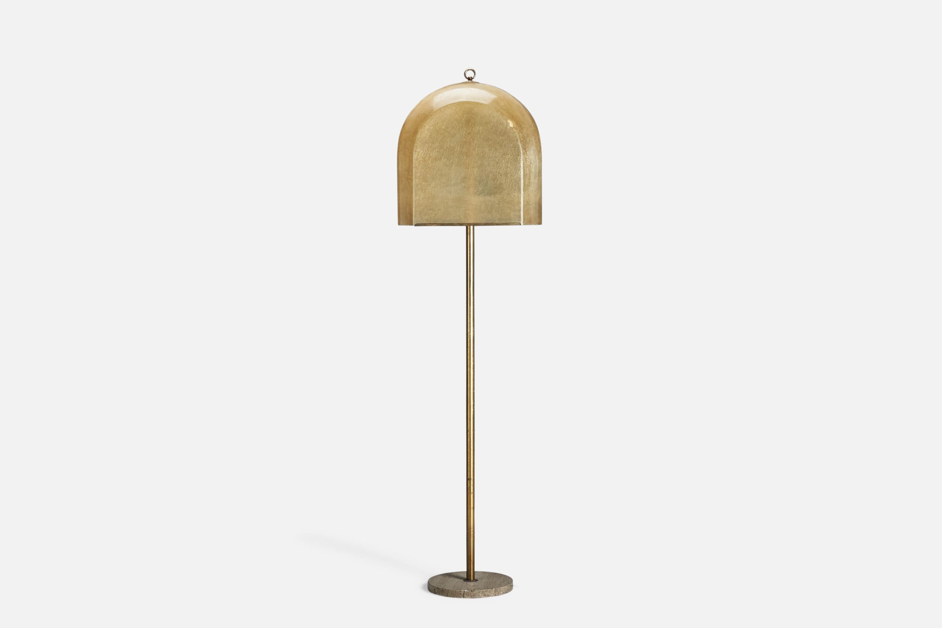 A brass, travertine and fiberglass floor lamp designed by Salvatorre Gregorietti and produced by Valenti, Italy, 1960s.

Dimensions stated are of floor lamp with lampshade.

Sockets take standard E-26 medium base bulbs.

There is no maximum