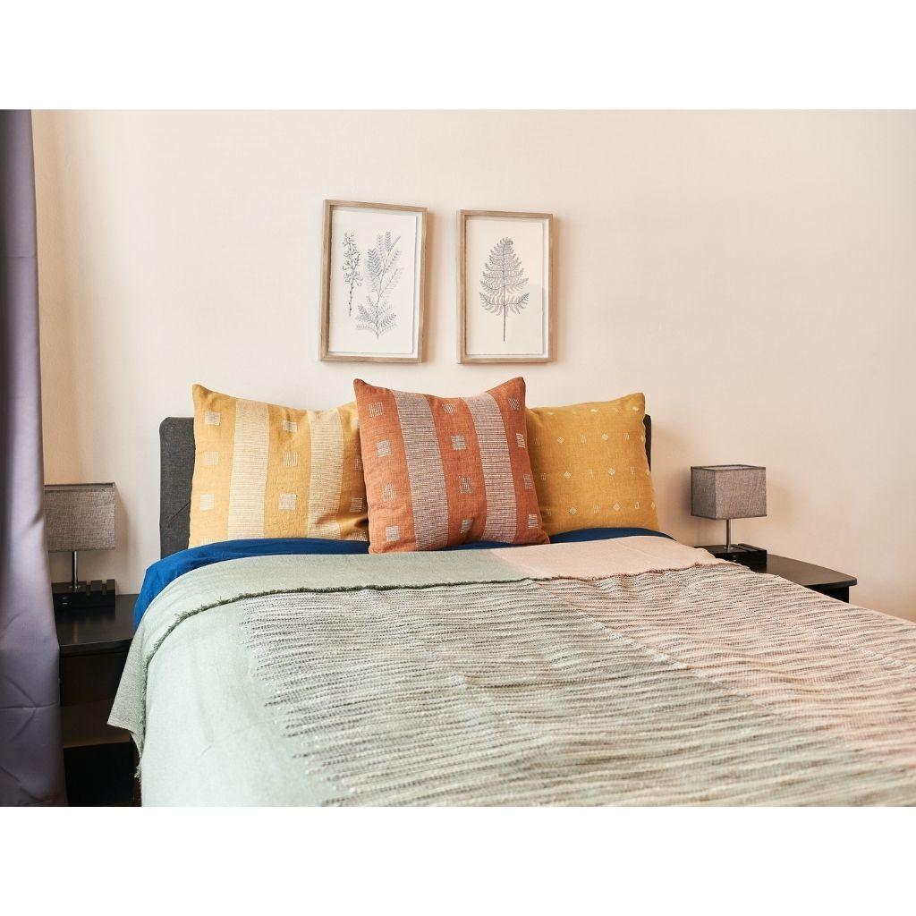 Custom design by Studio Variously, Salvia queen sized bedspread / coverlet is a beautifully handwoven and carefully hand embroidered piece by master weavers in Nepal, and dyed entirely with earth-friendly certified Swiss dyes. A sustainable design