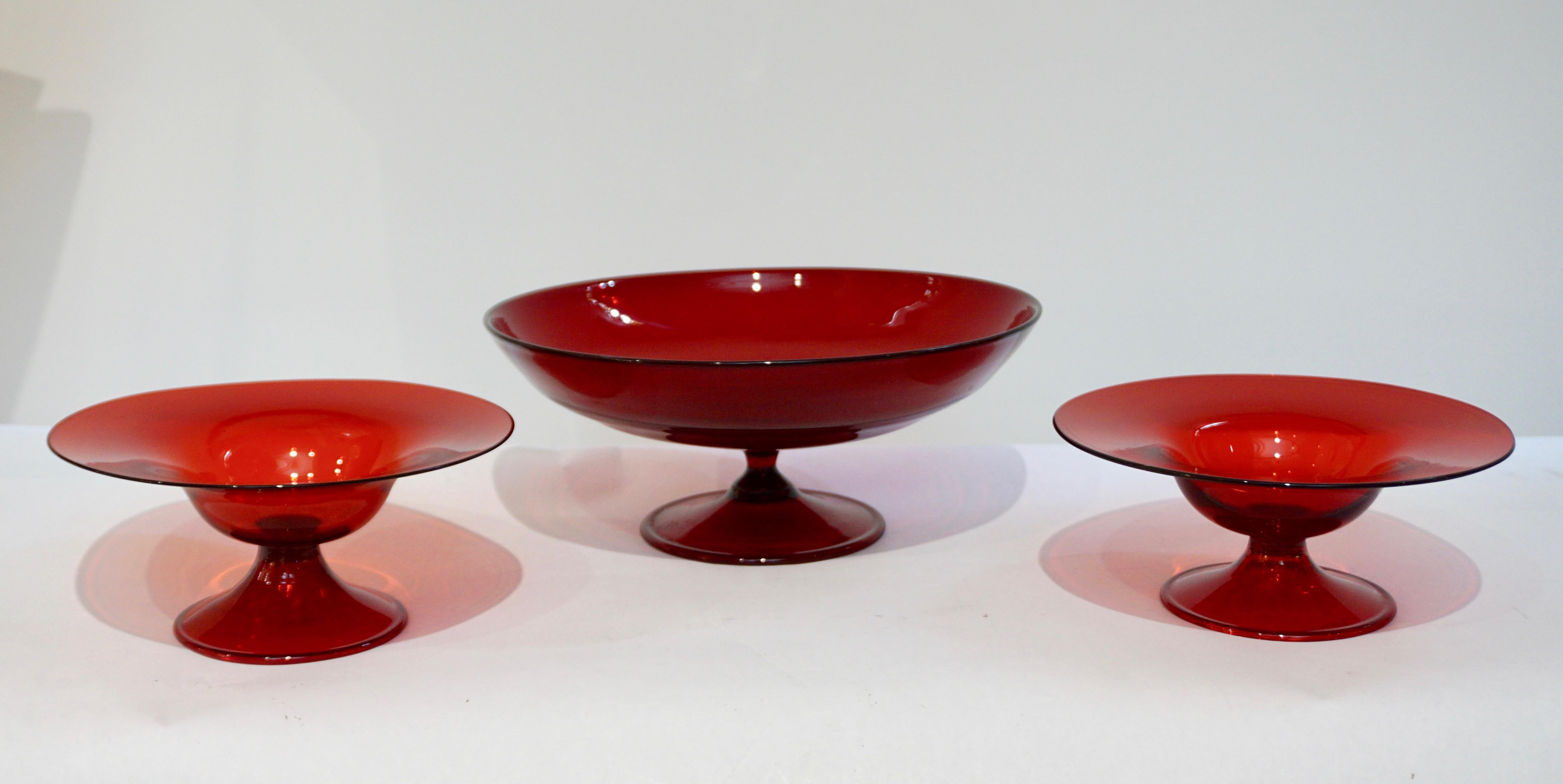 Hand-Crafted Salviati, 1940s Italian Antique Ruby Red Murano Art Glass Compote Dish or Bowl