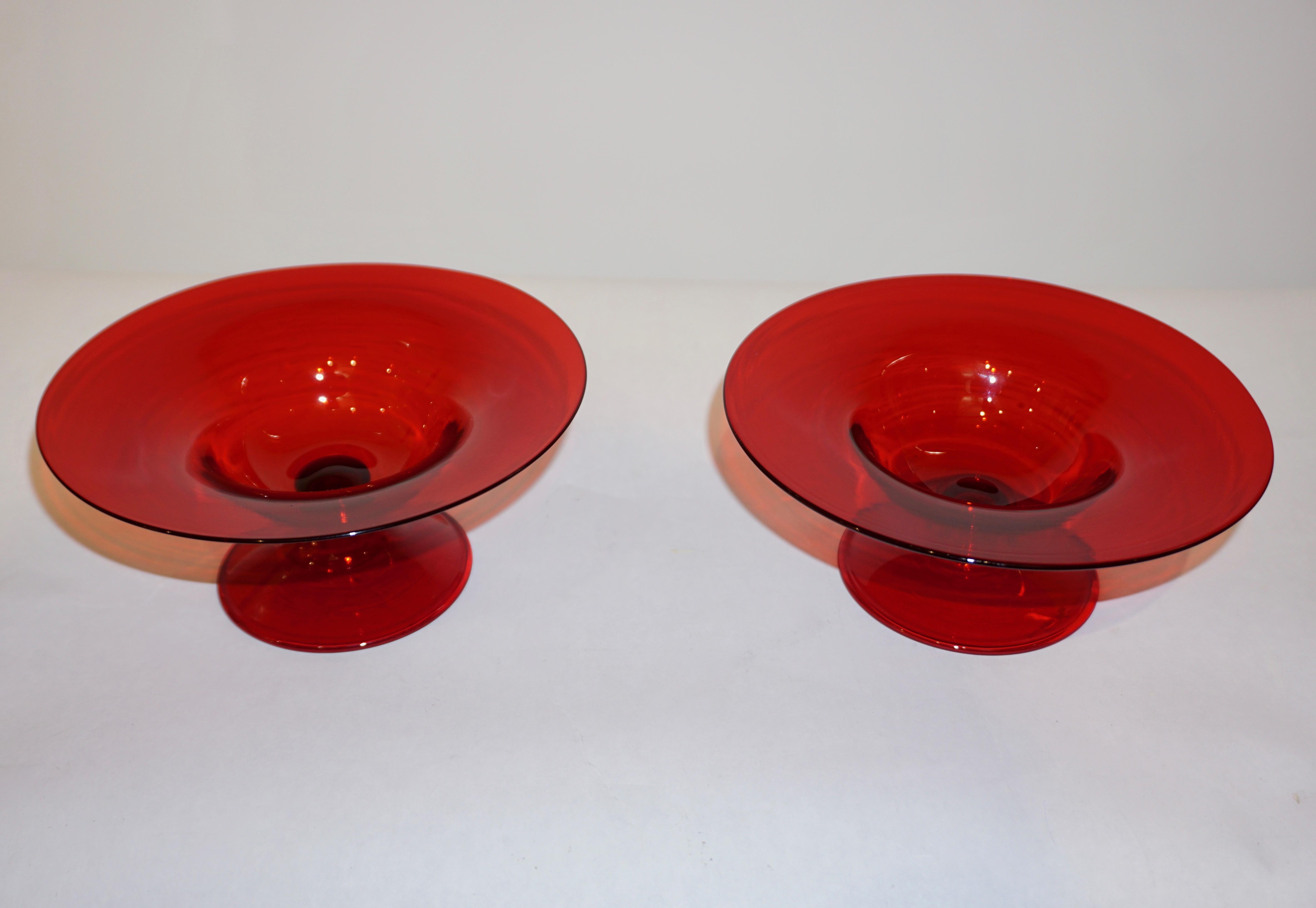 Hand-Crafted Salviati 1940s Italian Pair of Antique Ruby Red Blown Murano Glass Compote Bowls