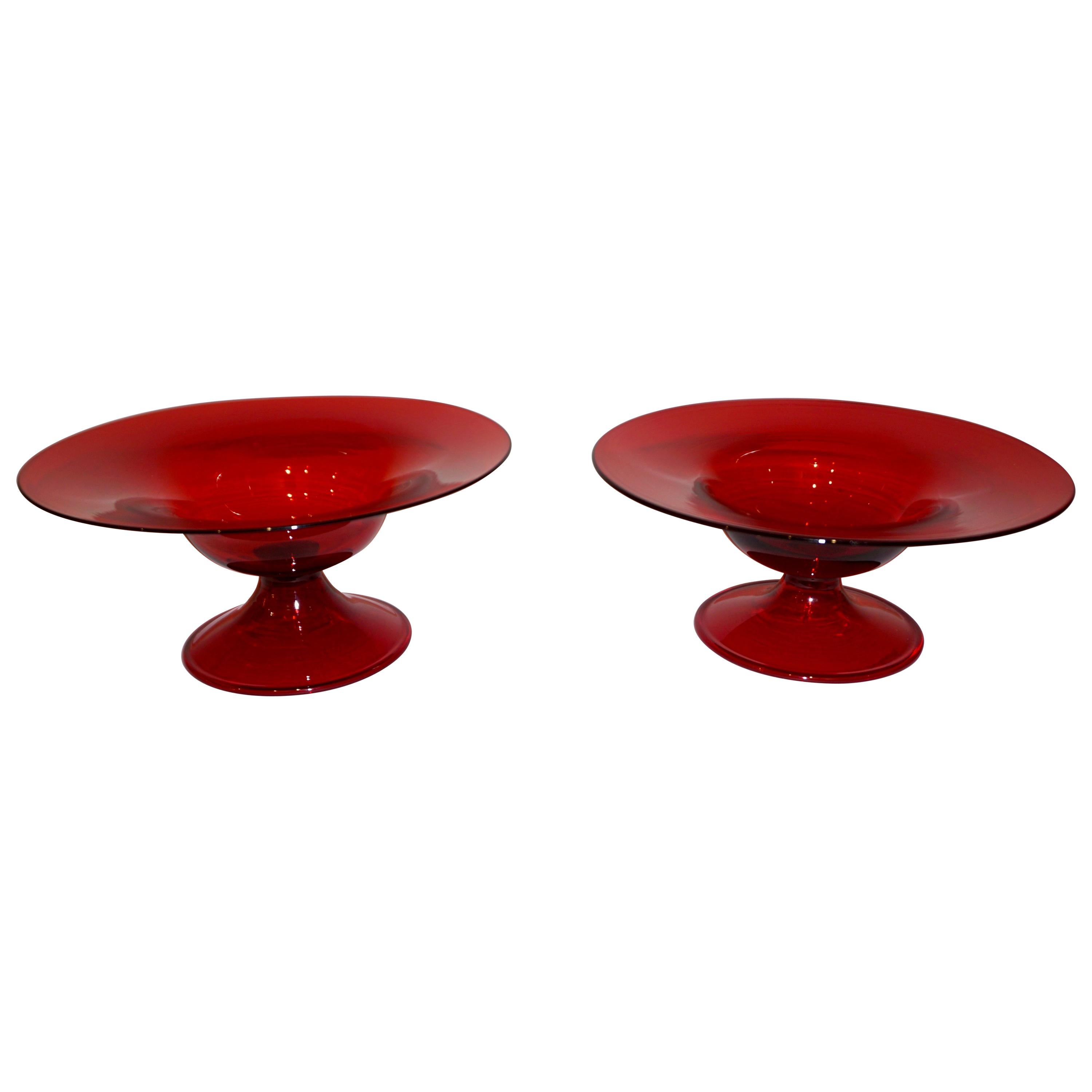 Salviati 1940s Italian Pair of Antique Ruby Red Blown Murano Glass Compote Bowls