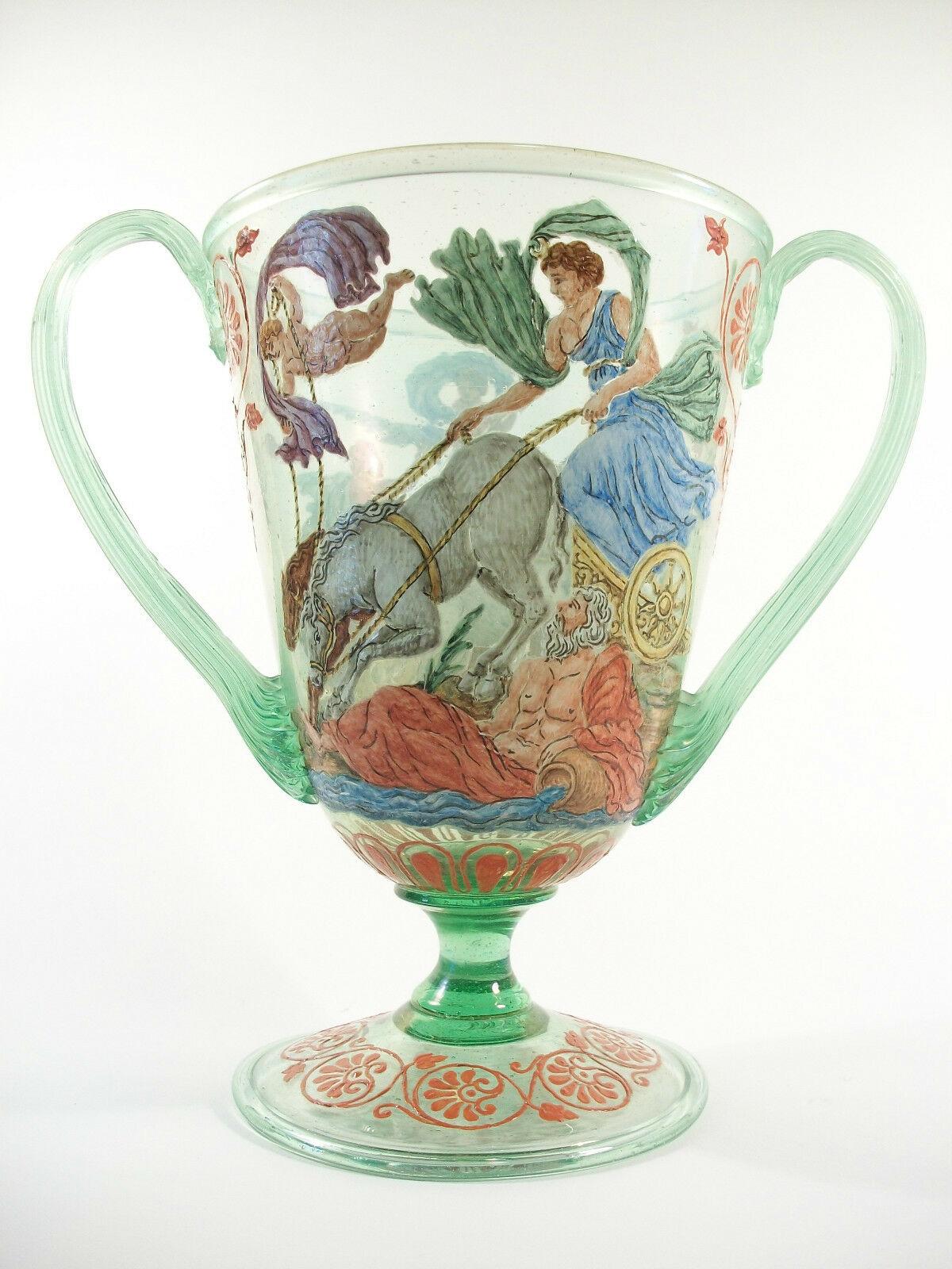Neoclassical Salviati, Antique Hand Painted Venetian Glass Urn, Italy, Early 20th Century For Sale