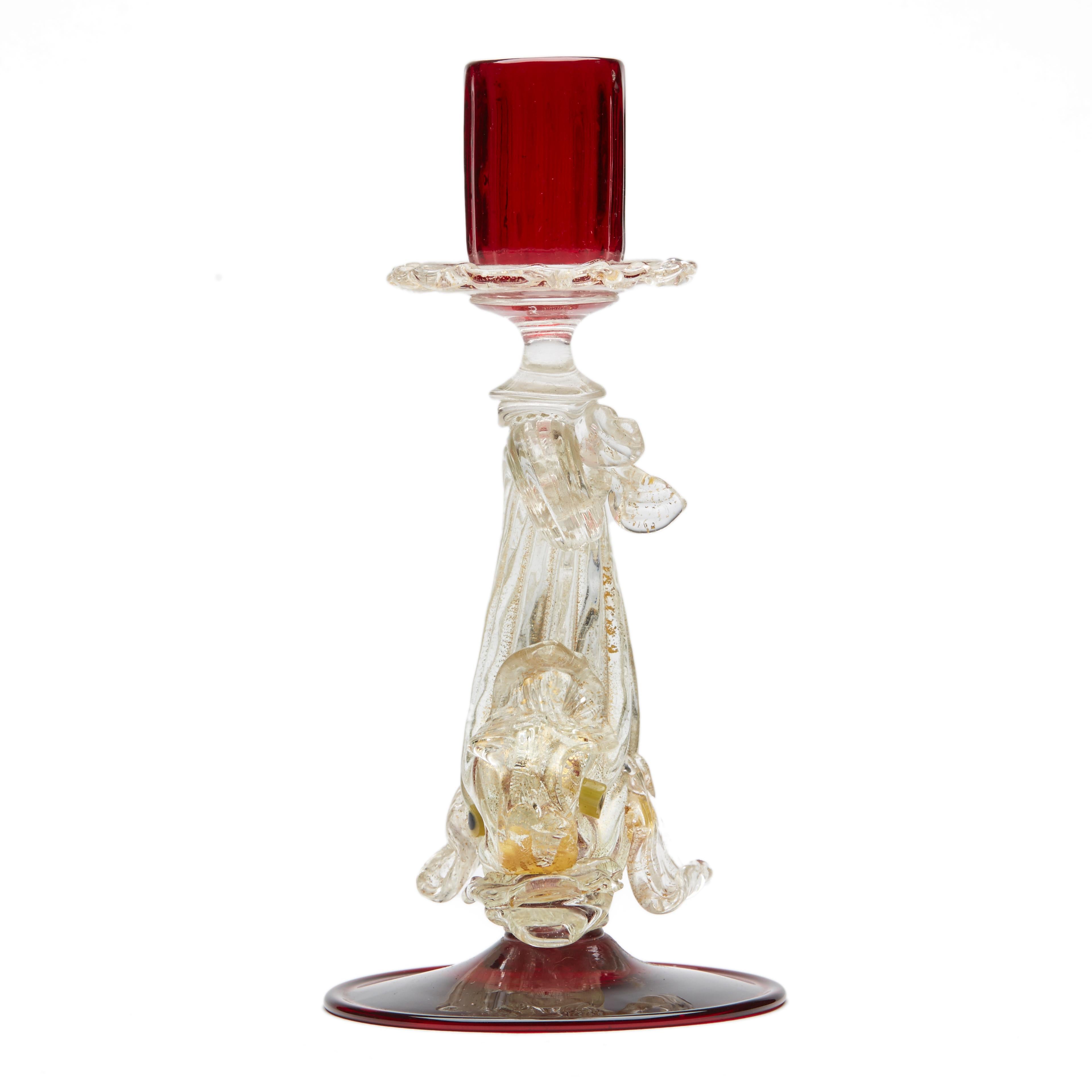 Italian Salviati Attributed Murano Ruby Glass Dolphin Stem Candlestick For Sale
