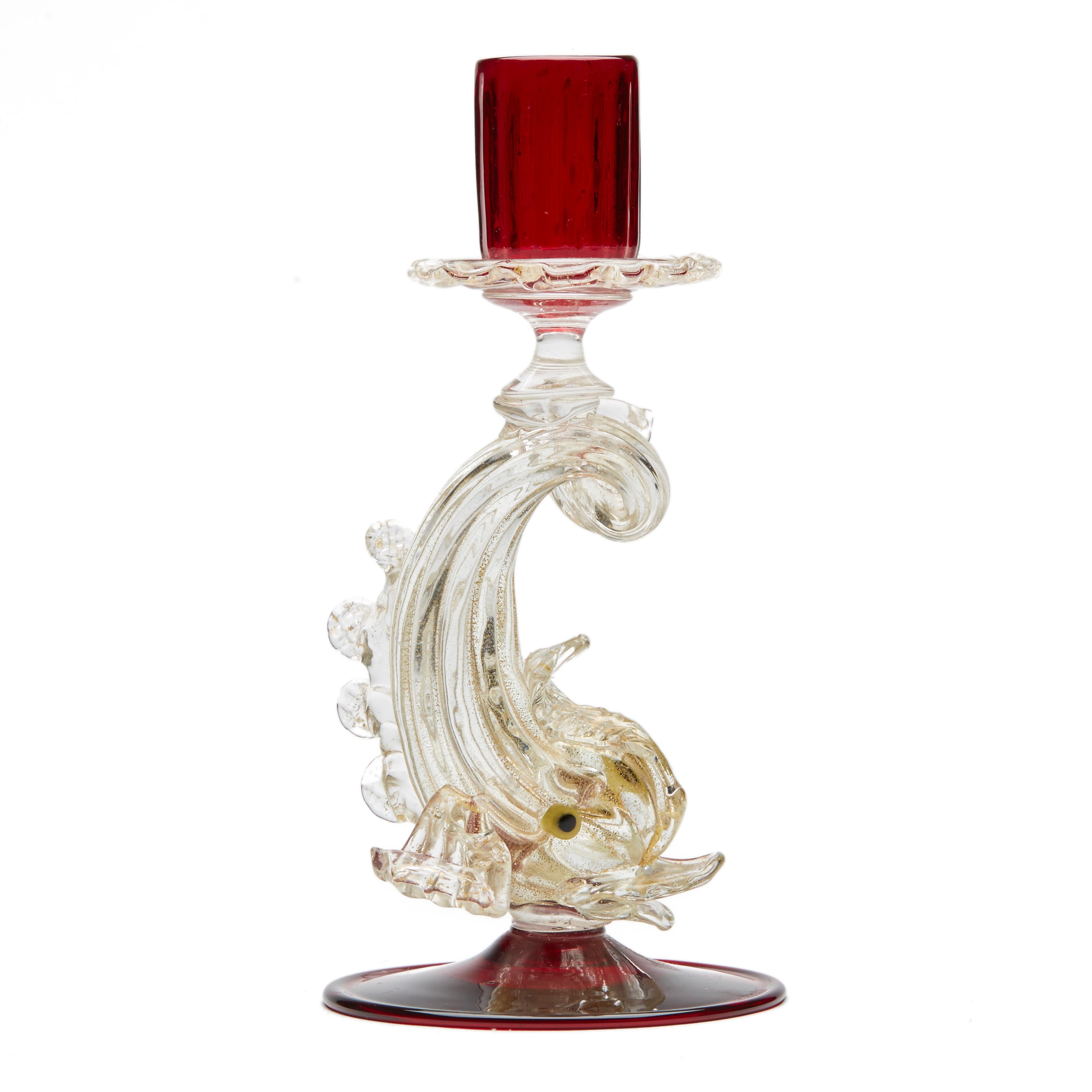 Hand-Crafted Salviati Attributed Murano Ruby Glass Dolphin Stem Candlestick For Sale