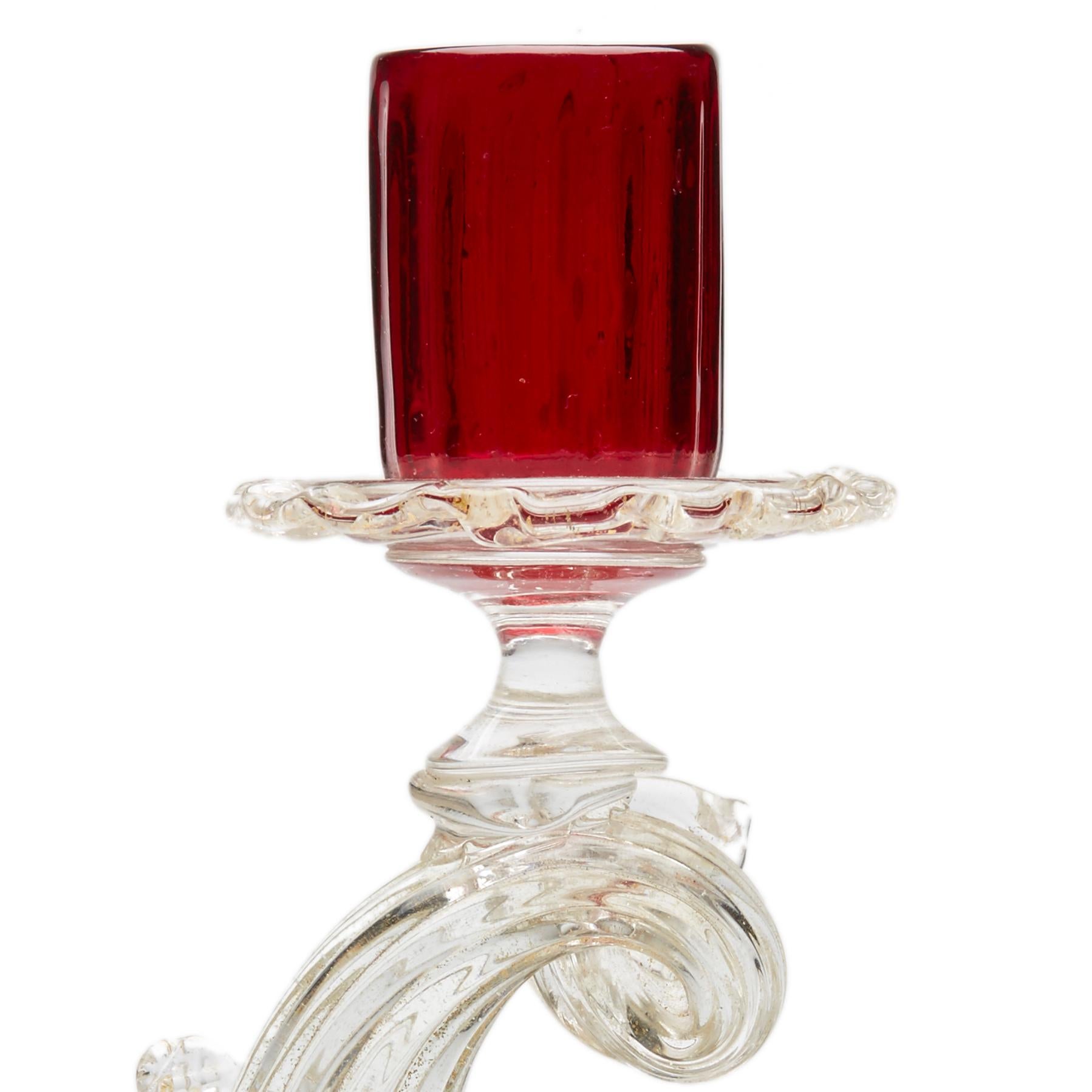 Blown Glass Salviati Attributed Murano Ruby Glass Dolphin Stem Candlestick For Sale