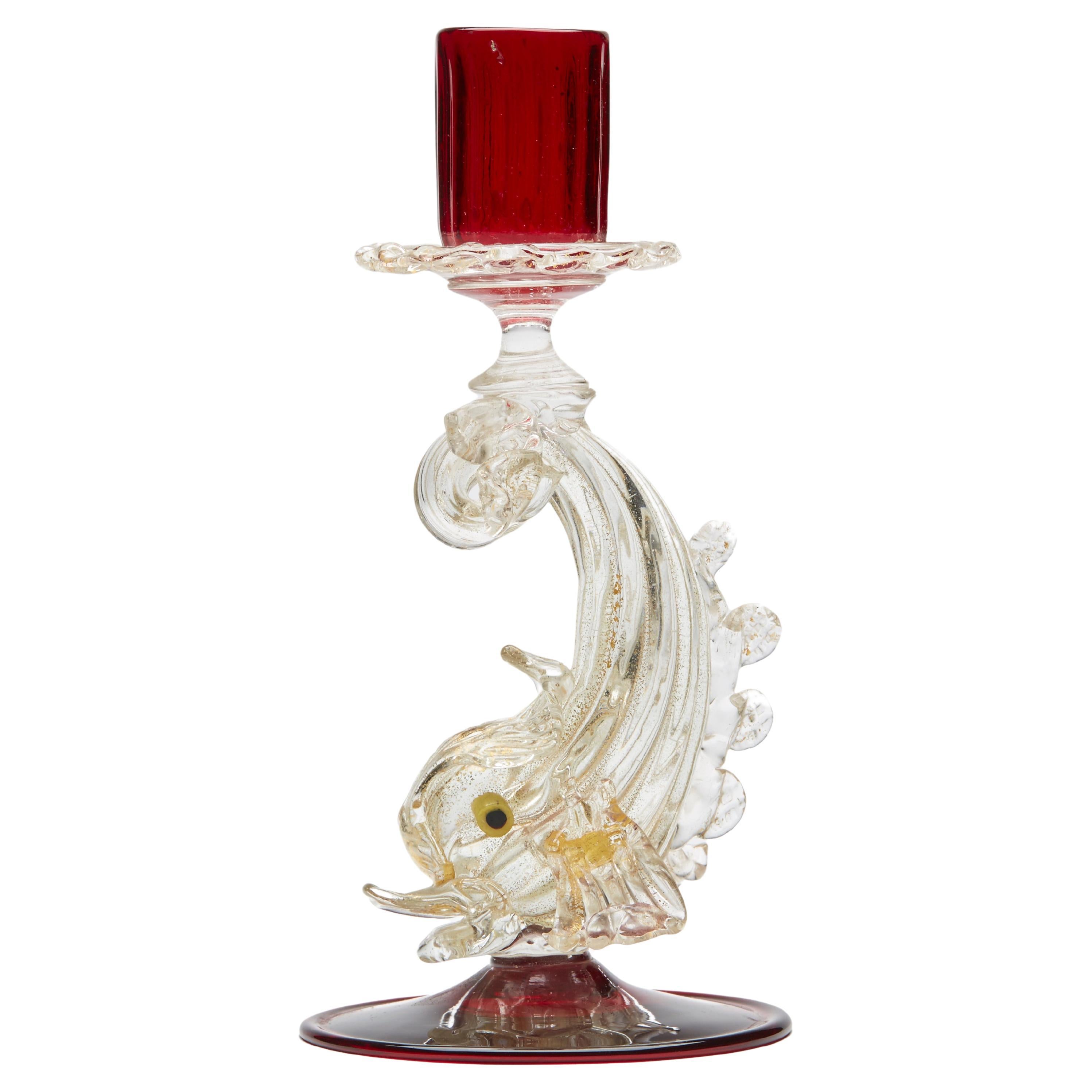 Salviati Attributed Murano Ruby Glass Dolphin Stem Candlestick For Sale