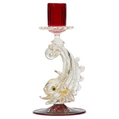 Vintage Salviati Attributed Murano Ruby Glass Dolphin Stem Candlestick