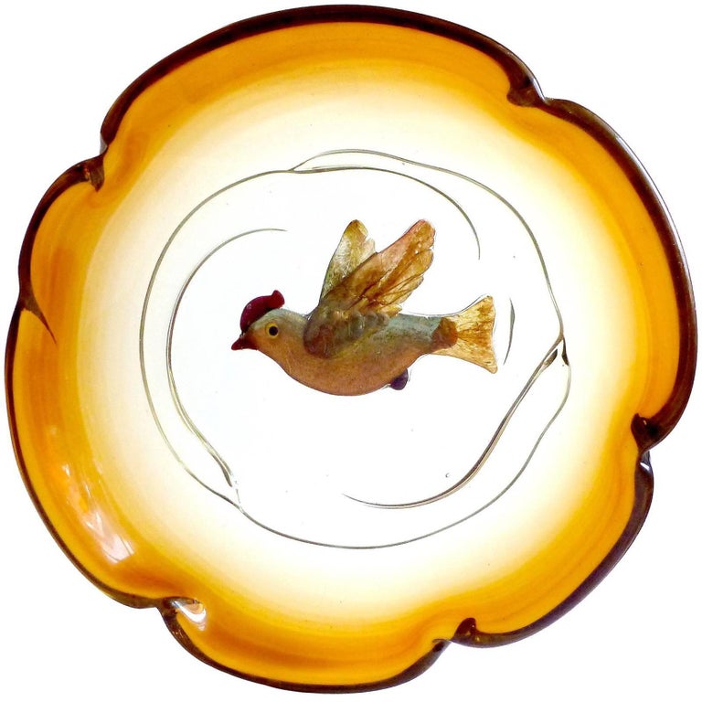 Salviati Barbini Murano Iridescent Gold Flecks Italian Art Glass Bird Bowl For Sale