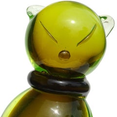 Salviati Barbini Murano Olive Green Uranium Italian Art Glass Cat Sculpture