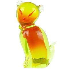 Salviati Barbini Murano Orange Yellow Uranium Italian Art Glass Cat Sculpture