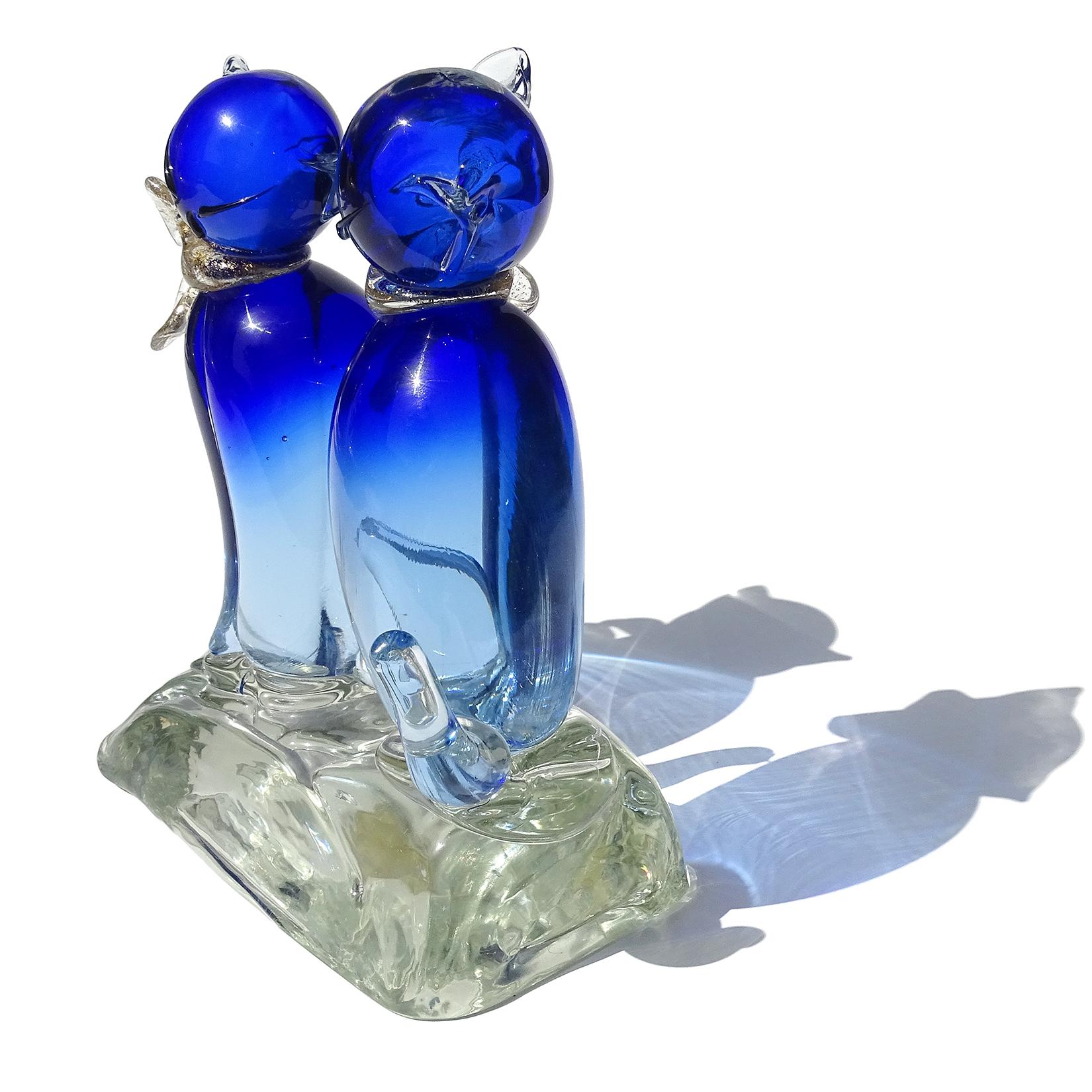 Hand-Crafted Salviati Barbini Murano Sommerso Blue Gold Leaf Italian Art Glass Cats Sculpture