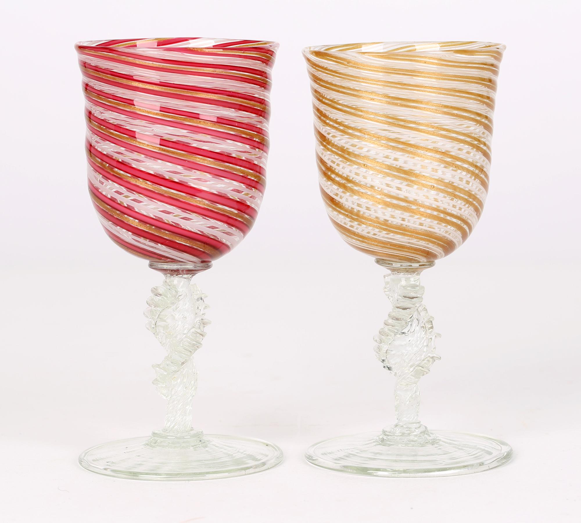 Hand-Crafted Salviati & Co Pair Mezza Filigrana Wine Glasses on Thorny Stems For Sale