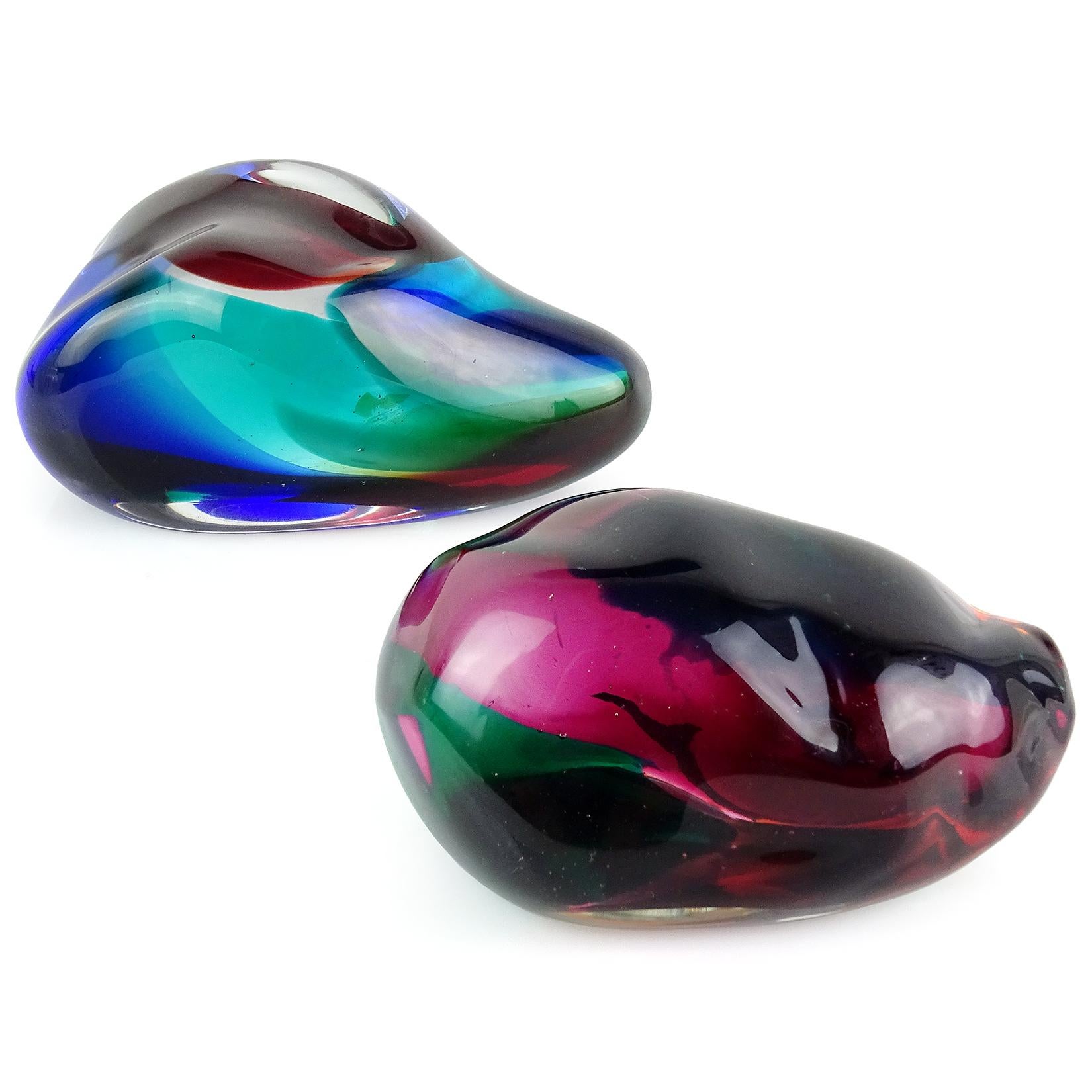 Priced per item (2 available). Beautiful Murano hand blown Sommerso multicolor Italian art glass biomorphic rock shaped paperweights / sculptures. They are documented to the Salviati company, one with partial label underneath, and attributed to